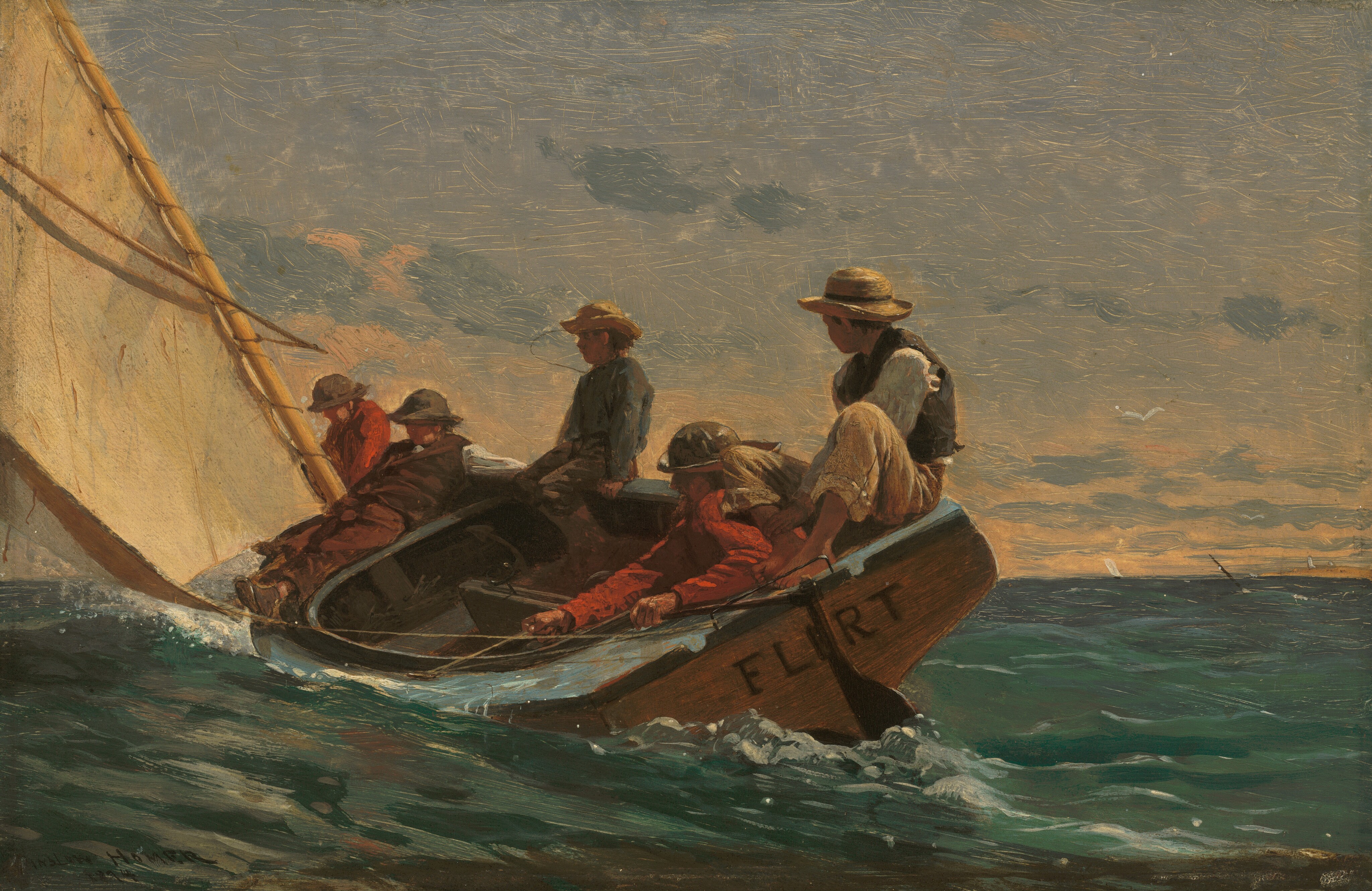 Close to us, a young man and four boys sit or recline in a small sailboat that tips to our left on a choppy dark green sea fringed with white foam in this horizontal painting. The billowing sail extends off the top left corner of the painting. The horizon line comes about a third of the way up the composition, and wispy gray and white clouds skip across the pale blue sky. The sun skims along the scene from our right so the boys’ ruddy faces are in shadow under their hats. They wear long-sleeved shirts and long pants in shades of brown, slate blue, white, and red. The young man and boys all face our left and they lean against and into the boat as it cants up to our right. The boy nearest the sail to our left reclines across the bow. Next to him, to our left, is a boy sitting on the edge of the boat partially hidden by the sail’s mast. To the right another boy perches on the edge of the boat and holds on with both hands. The oldest sits on the floor of the boat as he maneuvers the sail with a rope. Closer to us and to our right, a younger boy sits with his bare feet pressed together in front of his bent knees on the back edge of the boat, gazing into the distance over his right shoulder as he handles the tiller. Directly beneath his bent knee the boat’s name is painted on the flat stern: “FLIRT.” The artist signed and dated the painting in dark letters in the lower left corner: “WINSLOW HOMER 1874.”