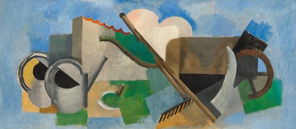 Mottled, geometric shapes painted in shades of peanut brown, beige, grass and spruce green, smoky gray, golden and buttercup yellow, and topaz and lapis blue are arranged across this wide, horizontal, abstract painting. Two black half-moon forms to the left are openings to a pair of stylized watering cans. Two tools on brown handles suggest a rake and a scythe at the center of the composition, and a sickle lies on a field of green and tan between the watering cans and rake. Behind this and to the left, a rectangle with a downward-scalloped, terracotta-orange top edge is reminiscent of a garden wall, and a brown and black form with a wheel to the right could be a wheelbarrow. The objects are collected against a background painted loosely with blocky areas in shades of blue.