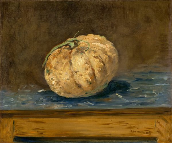 A golden yellow melon painted with thick strokes of straw and butter yellow with touches of camel brown sits at the center of a wooden table with a blue top in this almost square still life painting. The sage-green stem droops over the left side and the whole melon leans slightly to our left. The table fills the lower half of the painting, and its top is painted with visible strokes of marine blue, blue gray, and white. The background is caramel brown painted thinly in areas with a darker shade of brown. The artist signed in lower right, “Manet.”