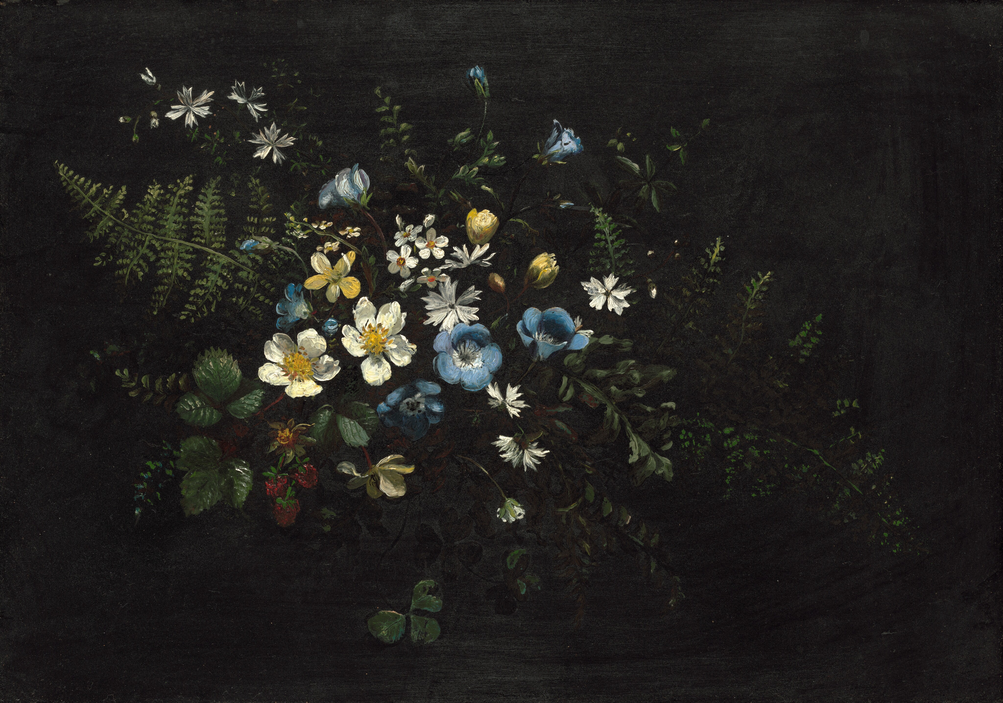 In the center of the painting, there is a bouquet of various flowers, including blue, white, and yellow blossoms surrounded by green leaves and ferns. The color palette is predominantly dark, and the dark-green foliage is hard to distinguish from the black background in some places. The flowers are arranged closely together, with stems and leaves extending outward. There is a small cluster of red berries hanging on the left side of the bouquet.