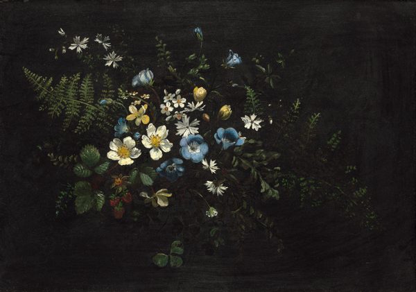 In the center of the painting, there is a bouquet of various flowers, including blue, white, and yellow blossoms surrounded by green leaves and ferns. The color palette is predominantly dark, and the dark-green foliage is hard to distinguish from the black background in some places. The flowers are arranged closely together, with stems and leaves extending outward. There is a small cluster of red berries hanging on the left side of the bouquet.