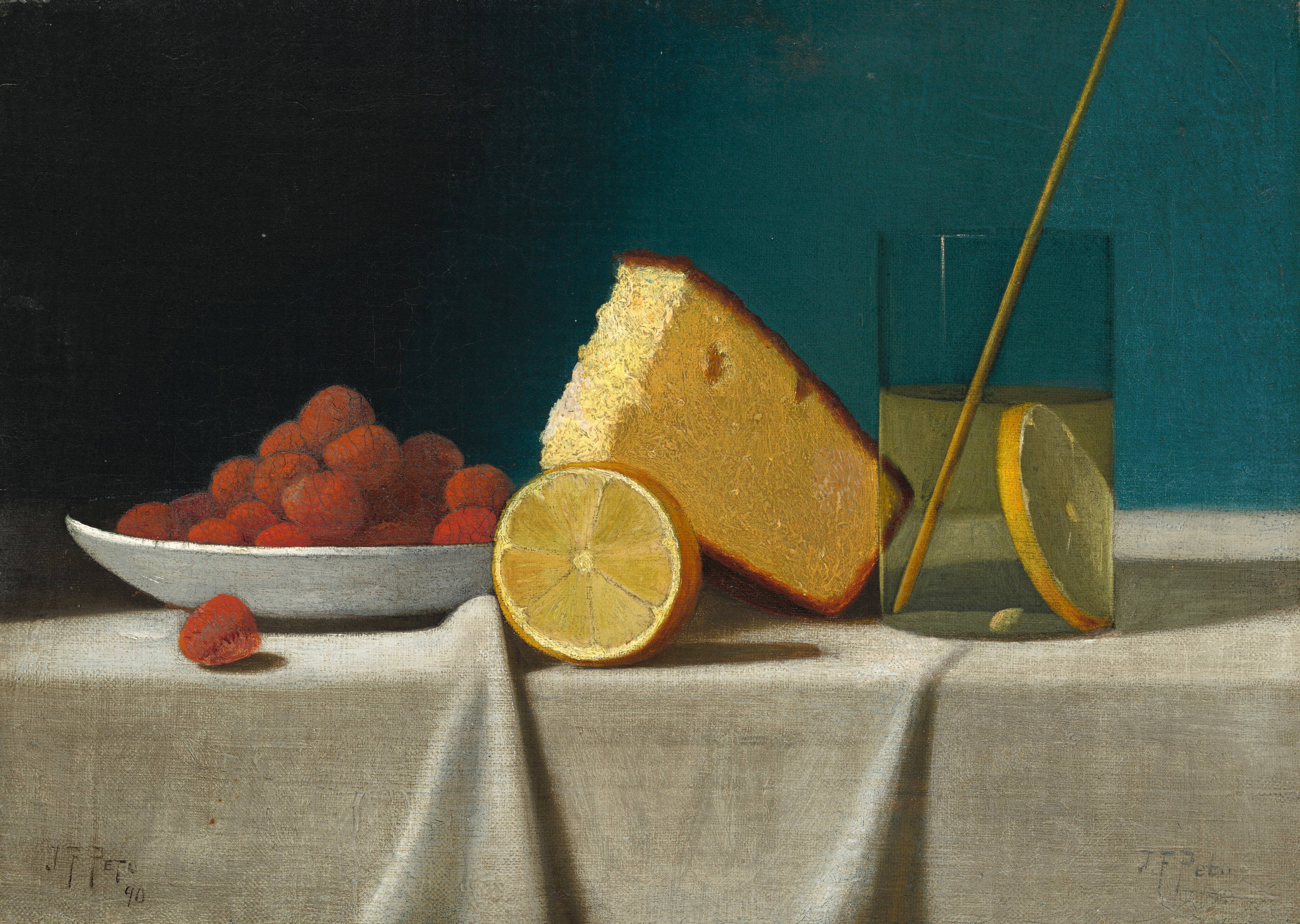 The painting features a large slice of yellow cake, a halved lemon, a glass of pale-yellow liquid with a slice of lemon and a straw in it, and a white plate filled with red raspberries. The objects are placed on a white tablecloth with the raspberries to the left, the lemon and cake in the center, and the glass to the right. The wall behind the objects is a teal blue on the right which fades to black towards the left edge.