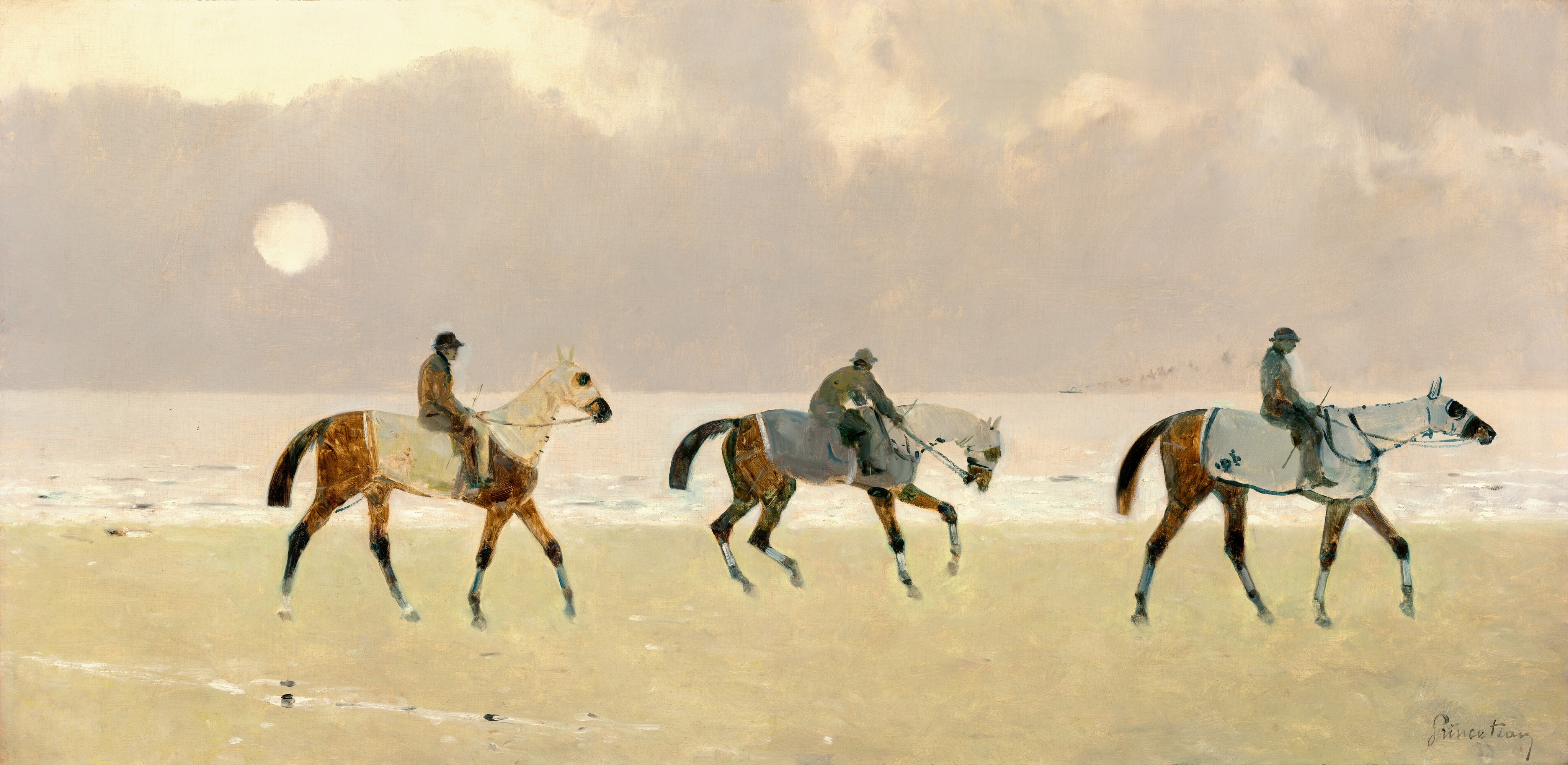 This horizontal painting shows three horses and riders seen from the side, moving towards the right. The three horses are brown, and they wear covers in shades of white and blue over their bodies, necks, and heads, with holes for their eyes and mouth. They also appear to wear blue covers around their feet and legs. Each horse has a rider seated on its back, holding its reins. The riders are painted in shades of brown, green, and blue. Their faces aren't visible, but they all appear to wear hats. The horizon is halfway up the painting, where the sky meets a body of water. A faint sun glows through the pale gray clouds, and the water below is light, with some small waves where it meets the sandy ground. The color palette features soft earth tones with hints of blue and white.