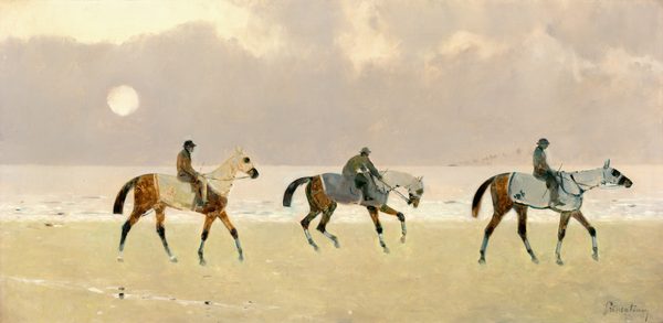 This horizontal painting shows three horses and riders seen from the side, moving towards the right. The three horses are brown, and they wear covers in shades of white and blue over their bodies, necks, and heads, with holes for their eyes and mouth. They also appear to wear blue covers around their feet and legs. Each horse has a rider seated on its back, holding its reins. The riders are painted in shades of brown, green, and blue. Their faces aren't visible, but they all appear to wear hats. The horizon is halfway up the painting, where the sky meets a body of water. A faint sun glows through the pale gray clouds, and the water below is light, with some small waves where it meets the sandy ground. The color palette features soft earth tones with hints of blue and white.