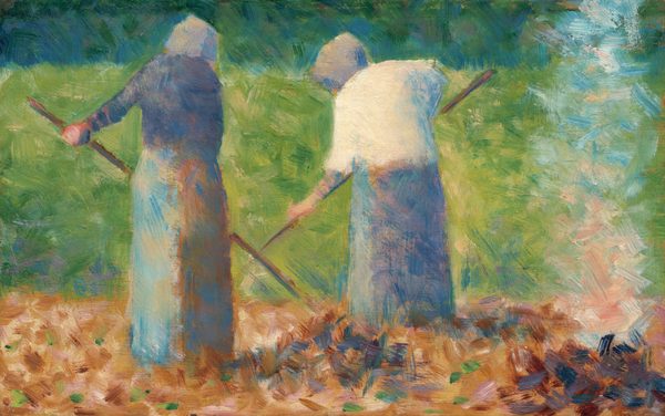 Two loosely painted people stand side by side in a field as they rake with their backs to us in this horizontal painting. The brushstrokes are soft and textured, and the details are loosely rendered, giving the scene a hazy appearance. Both people appear to wear long skirts, shirts, and head coverings in shades or pearl white, periwinkle, or sky blue. Peach-coloration on their hands suggests they are pale-skinned. They each hold a long-handled tool and look down at the ground as they work. The field they stand in is painted in shades of fresh green with strokes of teal blue and muted yellow, and the ground beneath their feet is covered in earthy brown and tan tones, suggesting a layer of leaves or soil. A darker green band along the top of the painting suggests a line of trees on the far side of a grassy field.