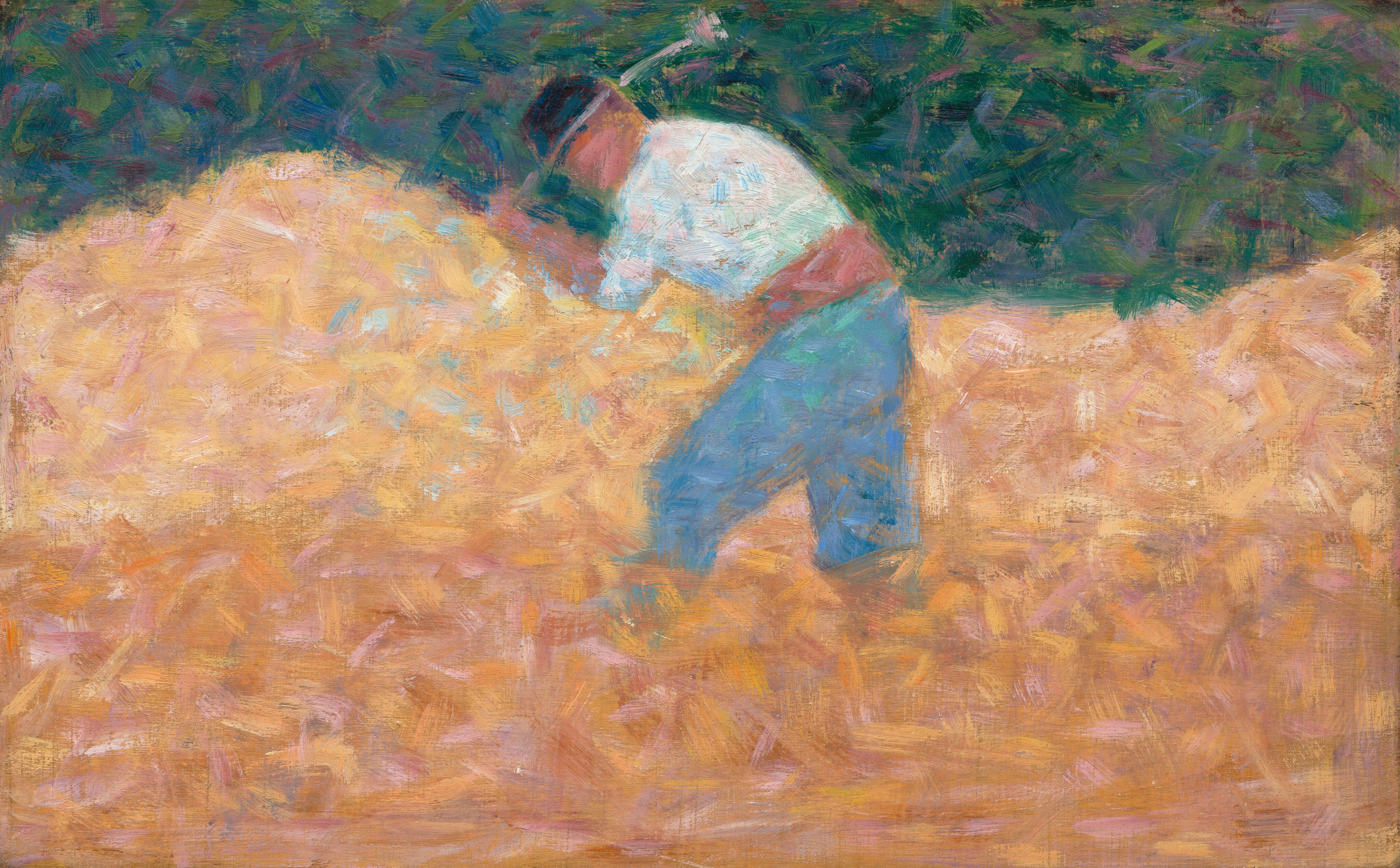 In this painting, short, angular brushstrokes suggest a person in motion. The person is bent over, facing the left, raising a large, thin object over one shoulder. They have pinkish skin and wear a white shirt and blue pants with a black hat. Their facial features are undefined. The person is surrounded by yellow brushstrokes that resemble piles of hay or dry grass, while the background behind the yellow piles is made of dark green tones. The painting is made of thick, overlapping brushstrokes in different shades, giving it a hazy appearance.