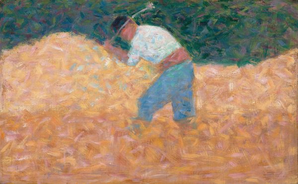 In this painting, short, angular brushstrokes suggest a person in motion. The person is bent over, facing the left, raising a large, thin object over one shoulder. They have pinkish skin and wear a white shirt and blue pants with a black hat. Their facial features are undefined. The person is surrounded by yellow brushstrokes that resemble piles of hay or dry grass, while the background behind the yellow piles is made of dark green tones. The painting is made of thick, overlapping brushstrokes in different shades, giving it a hazy appearance.