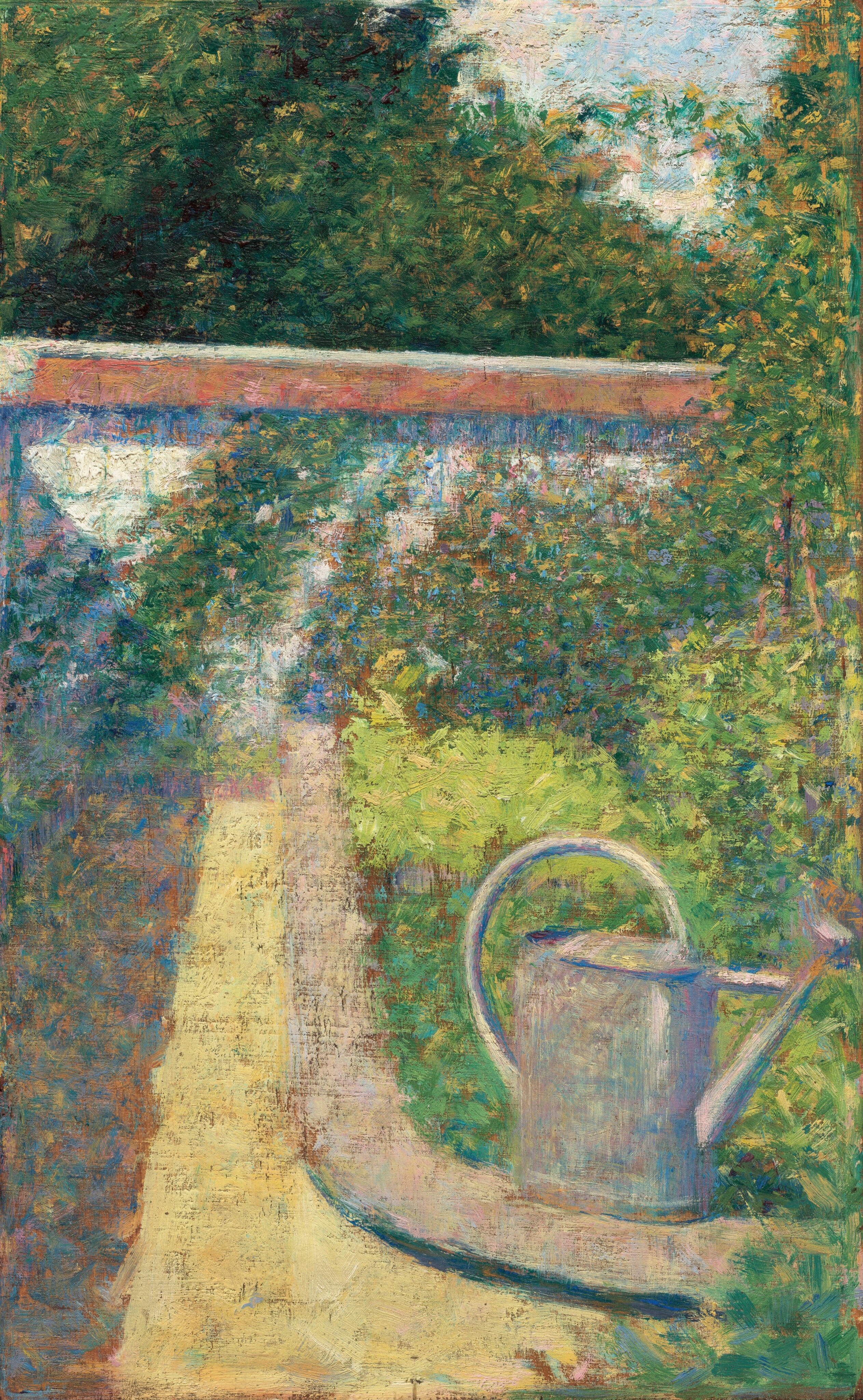 The painting features a large gray watering can in the bottom right corner, set against a lush garden background. Bushes on the right side are speckled with dots of pink, yellow, blue, orange, and purple, suggesting flowers. A dirt path extends from the bottom left up towards a white wall that stretches horizontally across the scene. The watering can rests on the edge of the path. Above the wall are more dark green trees with a small patch of light blue sky. The paint in this image has been applied with small, visible dots and short brushstrokes.
