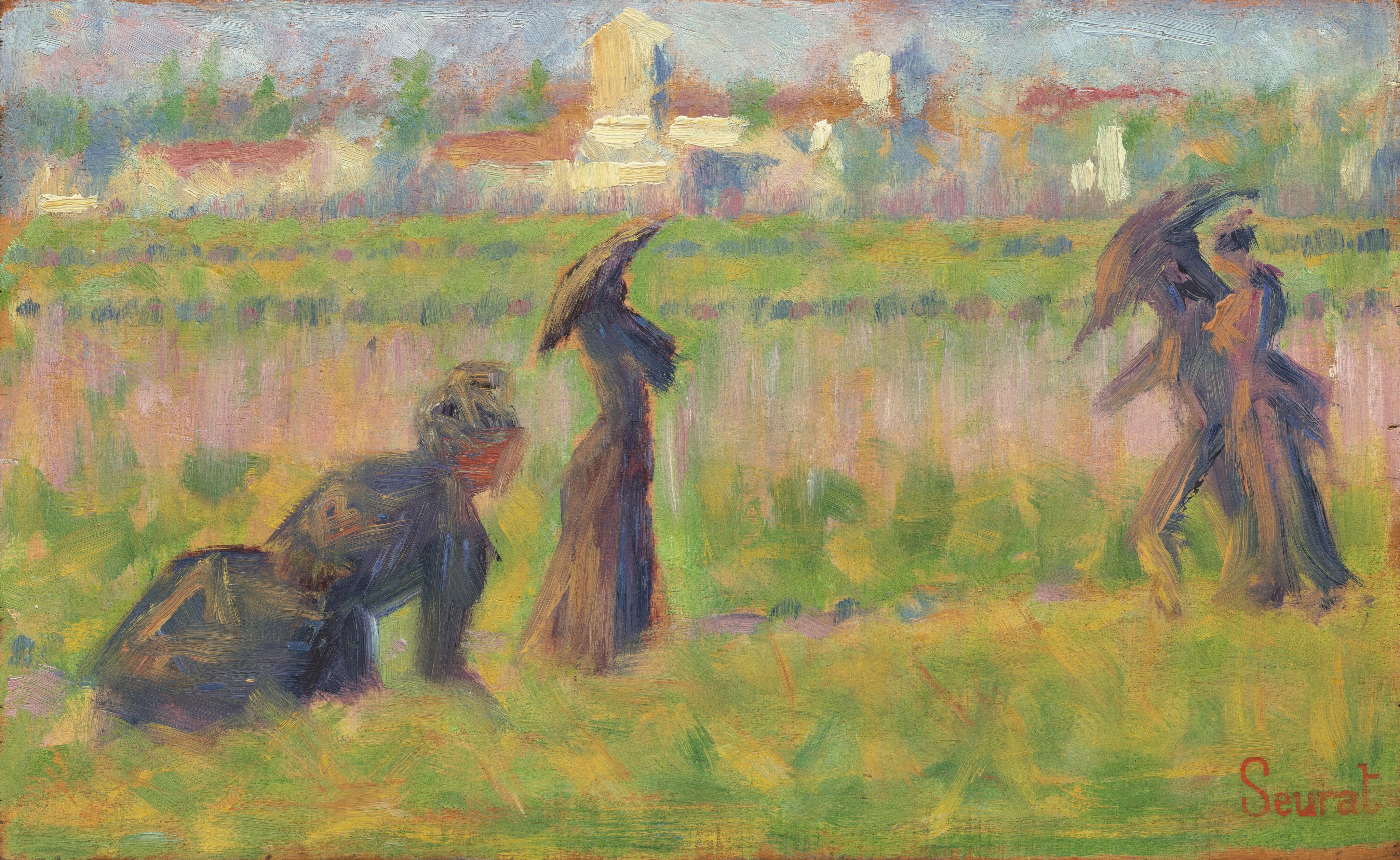 This painting shows a scene with several people spaced out across a grassy expanse. The horizon is high in the painting, lined with white structures with red roofs and green trees. Closest to us are the silhouettes of several people engaged in leisurely activities. One person appears to sit on a grass hill, while others walk in opposite directions down a path, two holding umbrellas. The people are painted with thick, dark paint strokes, and have no detail inside their forms. Behind them, towards the horizon, is a wide pink stretch that could be a river or a path. The brushstrokes in the painting are loose and expressive, contributing to a sense of movement in the depiction of both the people and the landscape. The overall color palette consists of warm earth tones, muted greens, soft pinks, and gentle blues. Different colors are layered on top of one another in short brushstrokes, giving the painting a blurred effect.