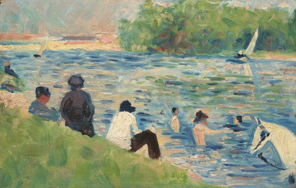 A grassy riverbank cuts across the lower left corner of this painting, in front of a river that fills most of this horizonal landscape. The scene is loosely painted with visible, sometimes thick, brushstrokes mostly in tones of ivory white, sky, denim, and cobalt blue, and spring green. Much of the detail, especially in the people’s faces, is indistinct. The people all appear to have light, peach-colored skin. Three people sit along the steep riverbank, which is indicated with a triangle of asparagus and sage greens. The person to our left wears a marine-blue shirt and a navy-blue cap. The person at the center of this trio sits with their back to us, wearing a dark, plum-purple garment and cap. The third person, closest to us, sits with knees bent, facing the river, wearing a white shirt, black pants, and a navy-blue cap. A small patch of asparagus green farther up the left edge of the composition suggests that the riverbank extends into the distance, and a swipe of dark blue paint could be another person sitting there. The river is painted with horizontal, visible strokes of blue, pea green, tan, and a few touches of petal pink. Three people stand in the water near the bank. Two of them are bare-chested, and one is in the water up to the chin. The head and neck of a white horse wearing a dark bridle enters the scene in the lower right corner, presumably wading in the water. An area stretching across the right half of the composition on the far side of the river reads as trees, but is painted with criss-crossing strokes of moss green, azure blue, and a few touches of burgundy red. One sailboat near the trees and another farther out, to our left, are each created with a vertical stroke of white over a dark smudge to represent the boat. To our left of the trees, there are horizontal bands of pale, butter yellow, blush pink, and baby blue where the river meets the sky, about three-quarters of the way up the composition. The sky is painted with diagonal, criss-crossing strokes of pale mint green, ice blue, and shell pink.