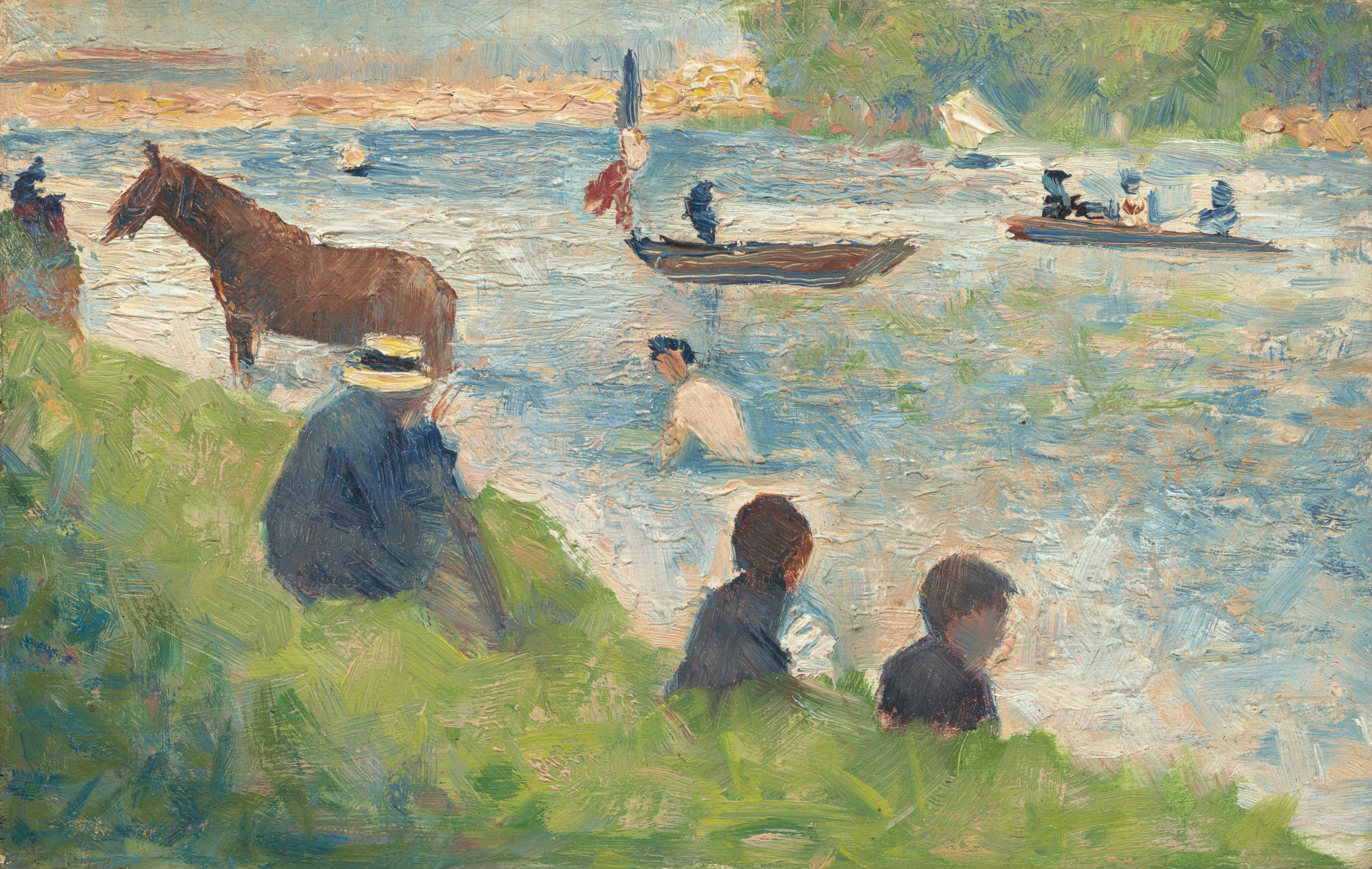 This painting depicts a riverbank scene. Nearest to us, three people sit on the grassy slope that leads down to the light blue water, facing the right. They wear dark blue clothes, and one has a yellow wide-brimmed hat, but their faces are indistinct. In the water behind them, a person in a white shirt with light skin appears to swim in the water, and behind them small boats glide across it. One boat appears to have a flag with thick stripes of red, white, and blue. A brown horse stands in the river on the left. In the distance, there are green shapes behind the water on the right, while on the left a line of pale cream lies under a light blue sky. The brushstrokes in the piece are short and thick, giving the painting a hazy appearance.