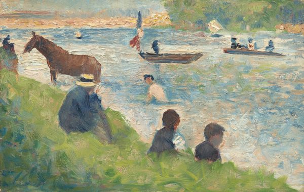 This painting depicts a riverbank scene. Nearest to us, three people sit on the grassy slope that leads down to the light blue water, facing the right. They wear dark blue clothes, and one has a yellow wide-brimmed hat, but their faces are indistinct. In the water behind them, a person in a white shirt with light skin appears to swim in the water, and behind them small boats glide across it. One boat appears to have a flag with thick stripes of red, white, and blue. A brown horse stands in the river on the left. In the distance, there are green shapes behind the water on the right, while on the left a line of pale cream lies under a light blue sky. The brushstrokes in the piece are short and thick, giving the painting a hazy appearance.