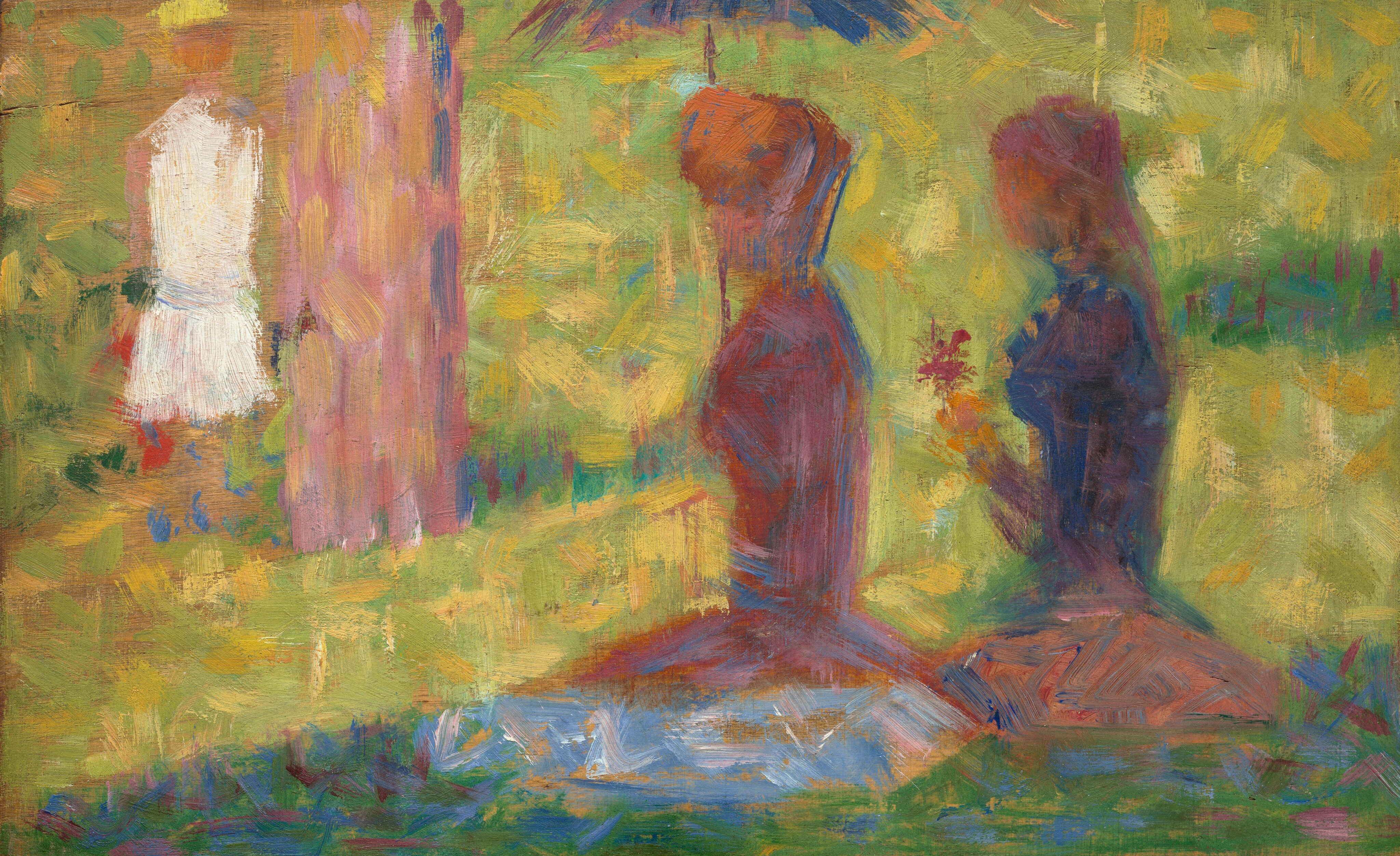 In this painting, thick, overlapping strokes of paint create the blurred image of people standing and sitting on grass. In the center, two people in pink and dark purple appear to sit on the green ground, facing the left. The person in front holds a parasol, while the person in the back holds a red flower. In the top left corner, two people seem to stand on the grass. The person on the left seems like a child dressed in a white garment, holding a red object at their side. To the right of the child is a column of pink, suggesting a partially visible adult whose head is beyond the top edge of the painting. Strong shadows are cast on the grass by the people as well as unseen objects, turning sections of the grass dark green.