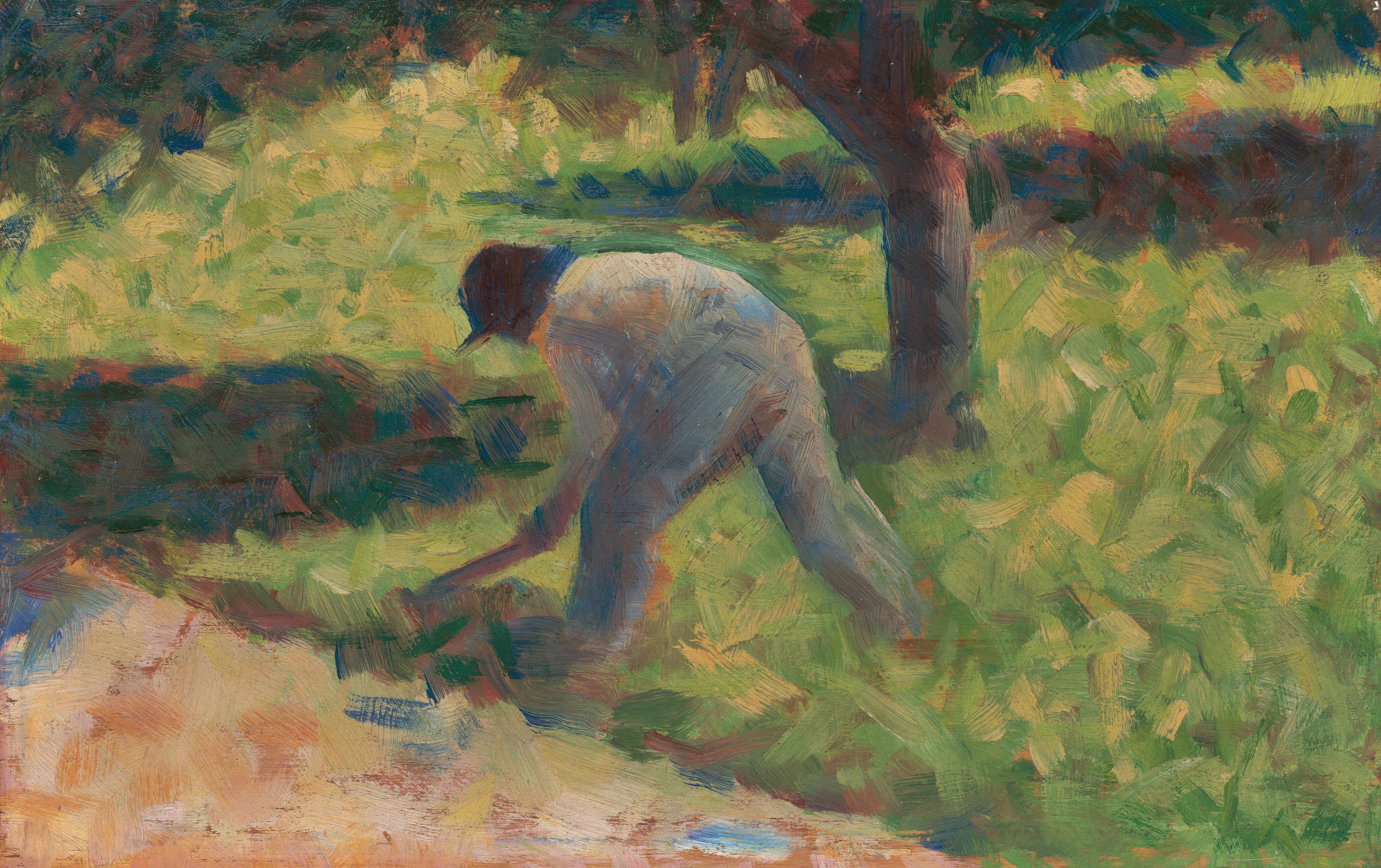 This painting shows a person bent over, working the land outdoors. The person is in the center of the painting, surrounded by green grass and dark trees. The sky is not visible. In the bottom left corner, there is a section of brown earth. The person leans over the edge of this patch, putting a tool with a long handle to the ground. The person is dressed in gray clothes and wears a dark hat. The brushstrokes in the painting are broad, short, and visible. Small strokes of different colors are layered over one another, giving the scene an indistinct and hazy look. The color palette includes greens, dark blues, yellows, browns, and ochres, all overlapping with one another, almost like a kaleidoscope.