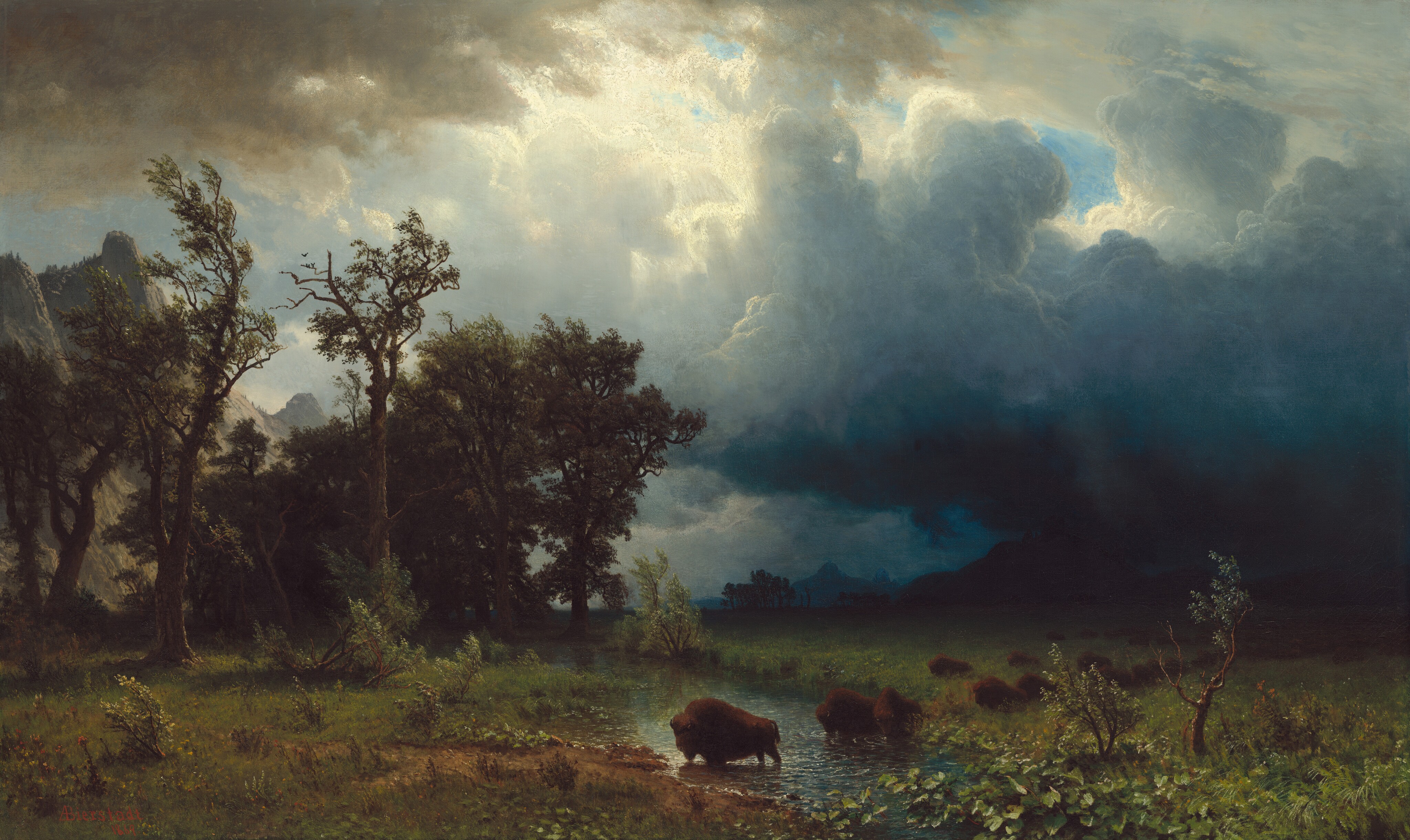 The top three-quarters of this horizontal landscape painting is filled with roiling, deeply shadowed clouds that tower over a line of buffalo crossing a grassy meadow below. Small in scale, the buffalo form a line that extends away from us at a diagonal into the distance to our right. Sunlight creates a bright reflection on the stream where the frontmost buffalo crosses, but the other animals are nearly backlit in the raking light. Trees, with branches whipping in the wind, rise along the left side of the painting, and the mountainous landscape to our right is lost in darkness under heavy clouds. The clouds above lighten from navy blue in the lower right corner of the sky to slate blue and white at the center of the painting. Small patches of blue sky are visible between a few breaks in the clouds, and sunlight falls on a cliff-like mountain face in the distance beyond the trees to our left. Another bank of parchment-colored clouds in the upper left corner, closer to us, contrasts with the glimmering light highlighting some of the clouds nearby.