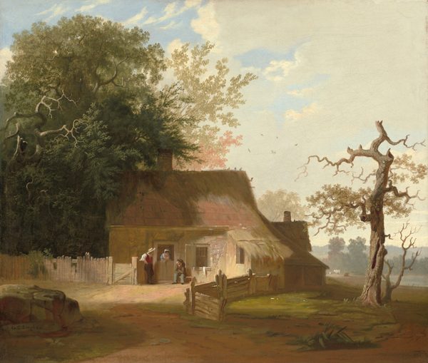 Three people gather around the doorway of a small cottage set in a sun-warmed yard in this almost square painting. At the center of the composition, the tan cottage has a faded, peach-tinged thatched roof and a window with an open shutter to the right of the door. The top half of the Dutch door is swung open, and a woman wearing a white cap and blue, low-cut garment leans her forearms along the bottom half from inside the structure. Two men flank the door. One stands to our left, looking at the woman in profile. He wears a straw-colored hat, white shirt, ruby-red vest, and dark pants. To our right, a seated man wears a brown hat, a sage-green coat, and slate-blue pants. A rickety fence to our left separates us from a grove of trees, the massive green canopies almost filling the top left quadrant of the painting. Another picket fence comes toward us from the right side of the cottage. It opens onto the dirt patch that nearly spans the lower edge of the canvas. To our right, the kinked branches of a mostly dead tree with only a few sparse leaves looms above the horizon, which comes about a quarter of the way up the composition. Beyond it, a flat, grassy field stretches back to the edge of a body of water where two cows and possibly other animals stand and lie in the distance. Bands of trees become hazier in the distance. A few birds perch atop the cottage roof and more wheel above, painted as tiny strokes against milky-white clouds that give way to a pale blue sky. The artist signed the lower left corner, “G. C. Bingham.”