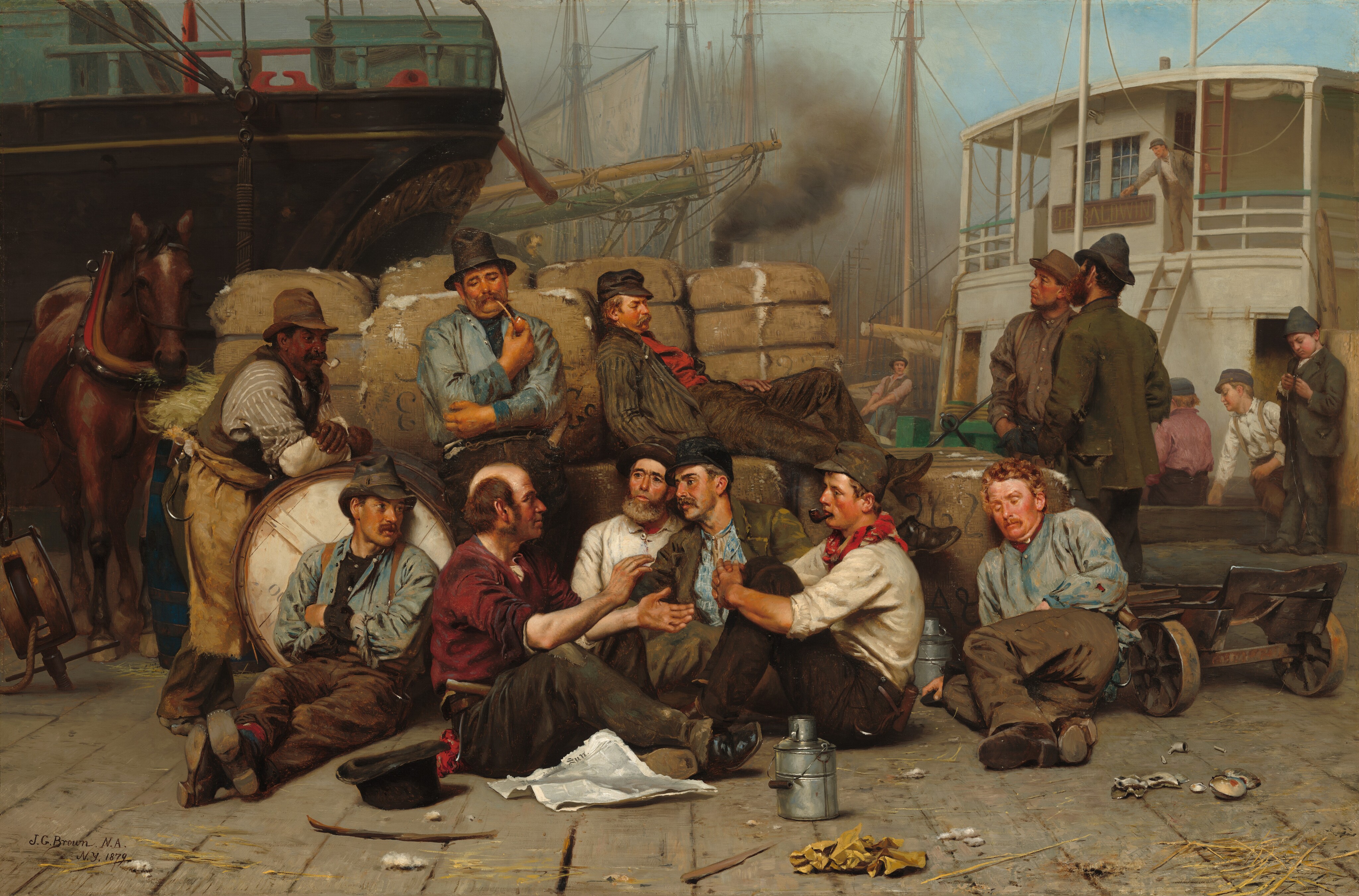This is a painting of a dockside scene with workers and cargo. The painting portrays a group of laborers taking a break, gathering around various goods and supplies near docked ships. The dock is bustling with items like a horse-drawn cart, baskets, and crates scattered around. The men wear simple trousers, shirts, and jackets in shades of brown, red, white, and light blue. Some wear hats and smoke pipes. Most have pale skin, although one man on the left appears to have dark brown skin. In the background are sailing vessels and a steamboat with smoke rising from a chimney against a pale-blue sky.