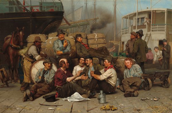 This is a painting of a dockside scene with workers and cargo. The painting portrays a group of laborers taking a break, gathering around various goods and supplies near docked ships. The dock is bustling with items like a horse-drawn cart, baskets, and crates scattered around. The men wear simple trousers, shirts, and jackets in shades of brown, red, white, and light blue. Some wear hats and smoke pipes. Most have pale skin, although one man on the left appears to have dark brown skin. In the background are sailing vessels and a steamboat with smoke rising from a chimney against a pale-blue sky.