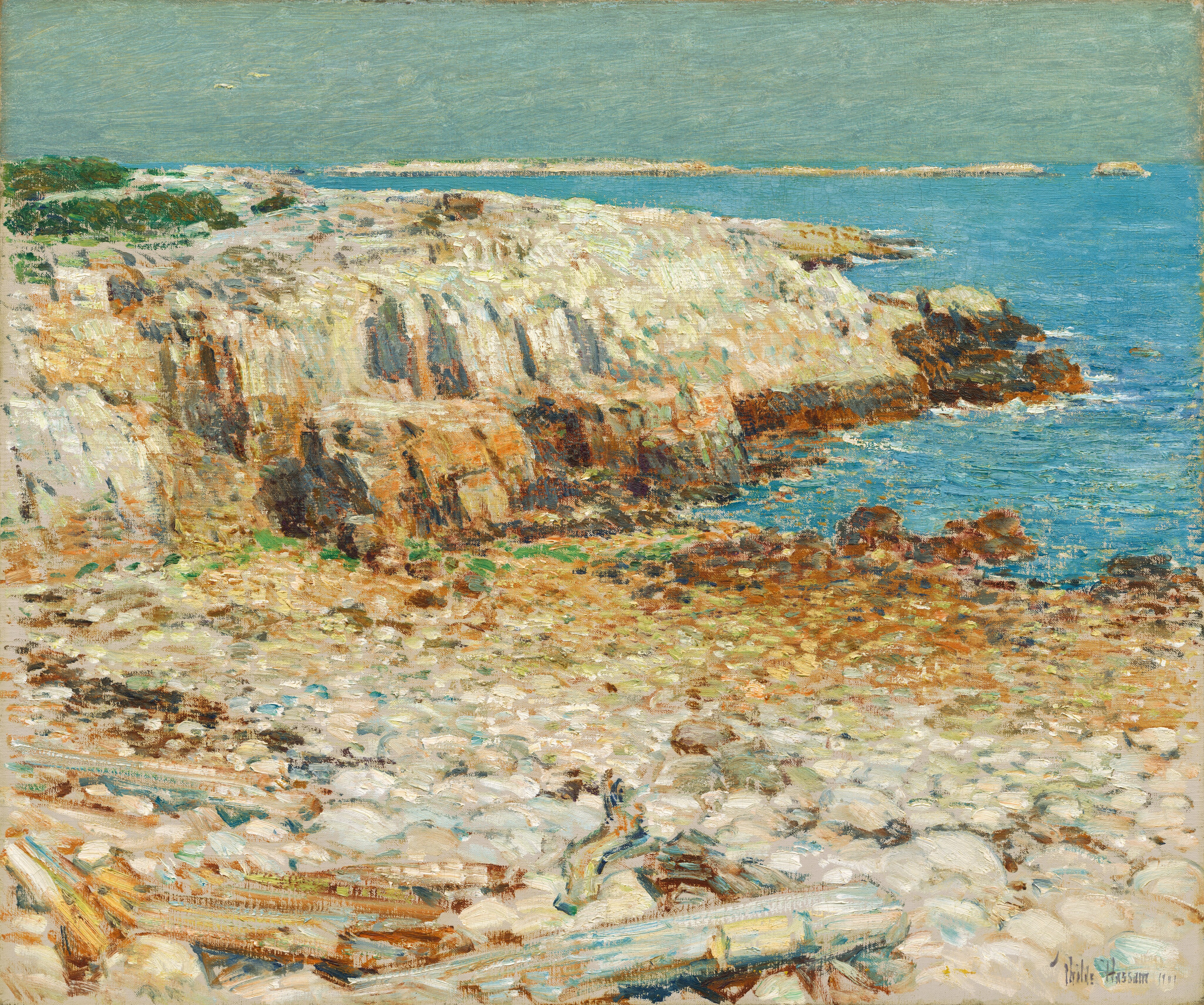 A rocky shoreline juts into a vivid, aquamarine-blue body of water in this loosely painted, nearly square landscape. The rocky beach and a few pieces of driftwood stretch in front of us in shades of ivory white, sand brown, gold, and mustard yellow to fill the bottom half of the painting. A few touches of shamrock green suggest plants growing in the near distance. A higher, almost flat-topped promontory reaches into the water beyond, nearly spanning the width of the composition. Areas of pine green suggest more growth in the distance near the left edge. A line of pale brown reaches across much of the horizon, which comes four-fifths of the way up the painting. The sky above is muted turquoise blue. The artist signed and dated the painting in the lower right corner, “Childe Hassam 1901.”