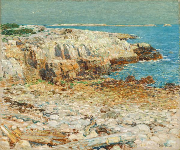 A rocky shoreline juts into a vivid, aquamarine-blue body of water in this loosely painted, nearly square landscape. The rocky beach and a few pieces of driftwood stretch in front of us in shades of ivory white, sand brown, gold, and mustard yellow to fill the bottom half of the painting. A few touches of shamrock green suggest plants growing in the near distance. A higher, almost flat-topped promontory reaches into the water beyond, nearly spanning the width of the composition. Areas of pine green suggest more growth in the distance near the left edge. A line of pale brown reaches across much of the horizon, which comes four-fifths of the way up the painting. The sky above is muted turquoise blue. The artist signed and dated the painting in the lower right corner, “Childe Hassam 1901.”