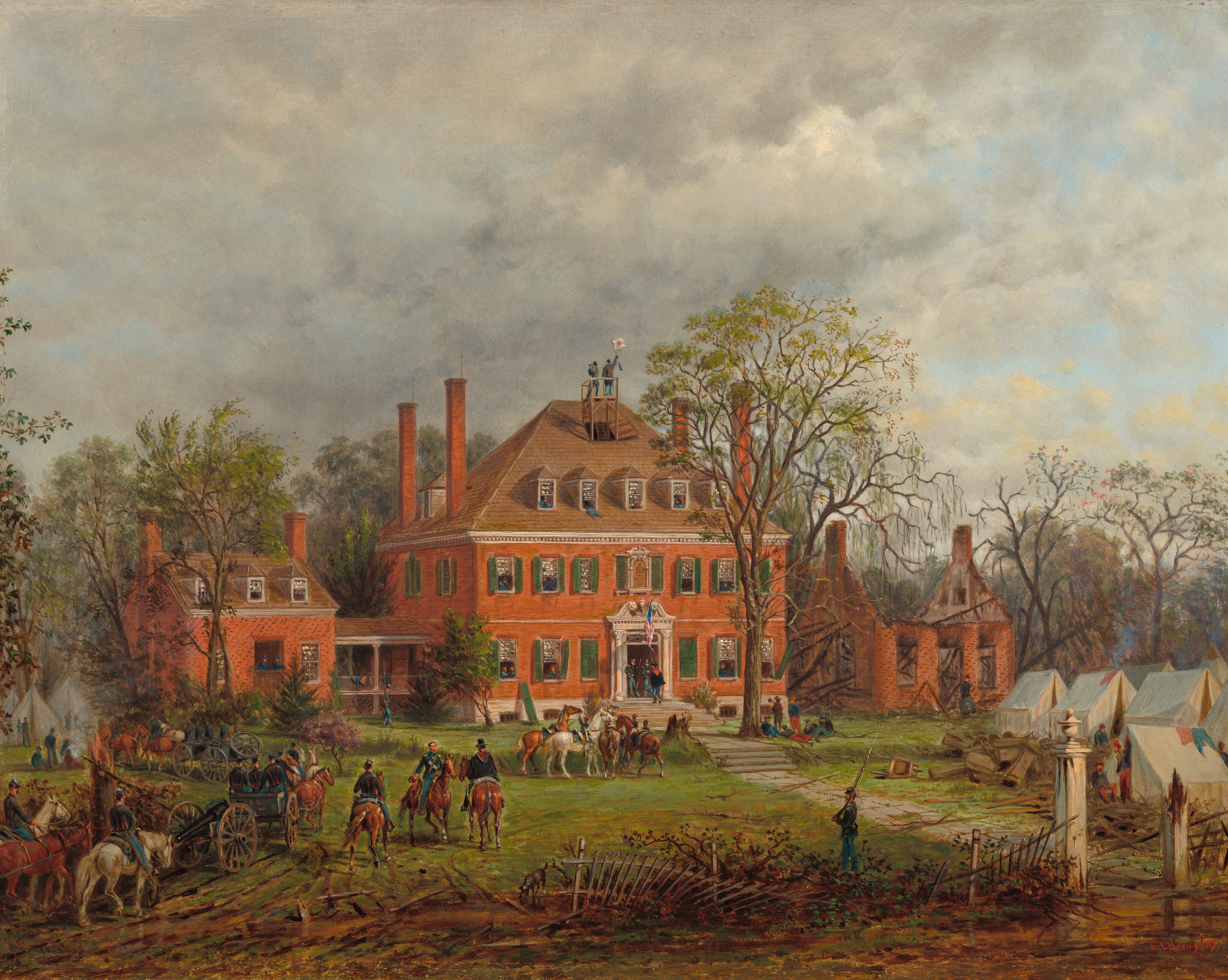 This painting depicts a large red brick mansion at the center, surrounded by two connected brick structures, one of which seems to be in ruins, as well as white tents and trees with sparse green leaves. In front of the house, people that seem to be soldiers in blue uniforms ride on horseback or in carriages towards the house. More people in uniforms can be seen sitting or standing on the lawn or standing inside the windows of the house. Two people stand on the top of the house, one holding a while flag with a red dot in the center. There is an American flag above the doorway of the house. The sky above is mostly gray with small patches of blue.