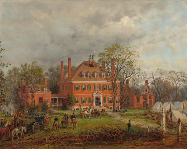 This painting depicts a large red brick mansion at the center, surrounded by two connected brick structures, one of which seems to be in ruins, as well as white tents and trees with sparse green leaves. In front of the house, people that seem to be soldiers in blue uniforms ride on horseback or in carriages towards the house. More people in uniforms can be seen sitting or standing on the lawn or standing inside the windows of the house. Two people stand on the top of the house, one holding a while flag with a red dot in the center. There is an American flag above the doorway of the house. The sky above is mostly gray with small patches of blue.