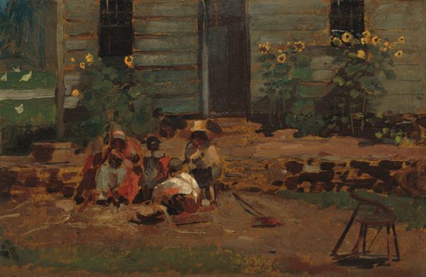 This is a painting of an outdoor scene with a group of people gathered in front of a blue-gray wooden building with a dark door and two windows. Sunflowers grow on either side of the entrance, stretching up to the windows. The ground is painted in patches of tan, brown, and gray, perhaps indicating stone steps or a path. To the left of center is a group of shapes and colors that suggest four or five people gathered together on the ground. The people are painted with rough brushstrokes and have no distinct details or facial features. Their clothes are painted in shades of white, tan, gray, red, and pale blue, and appear to include dresses, bonnets, shirts, and suspenders. Their skin seems to be painted in shades of dark brown. There is a small stool or chair in the bottom right corner, and in the top left corner is a green area with white birds visible.