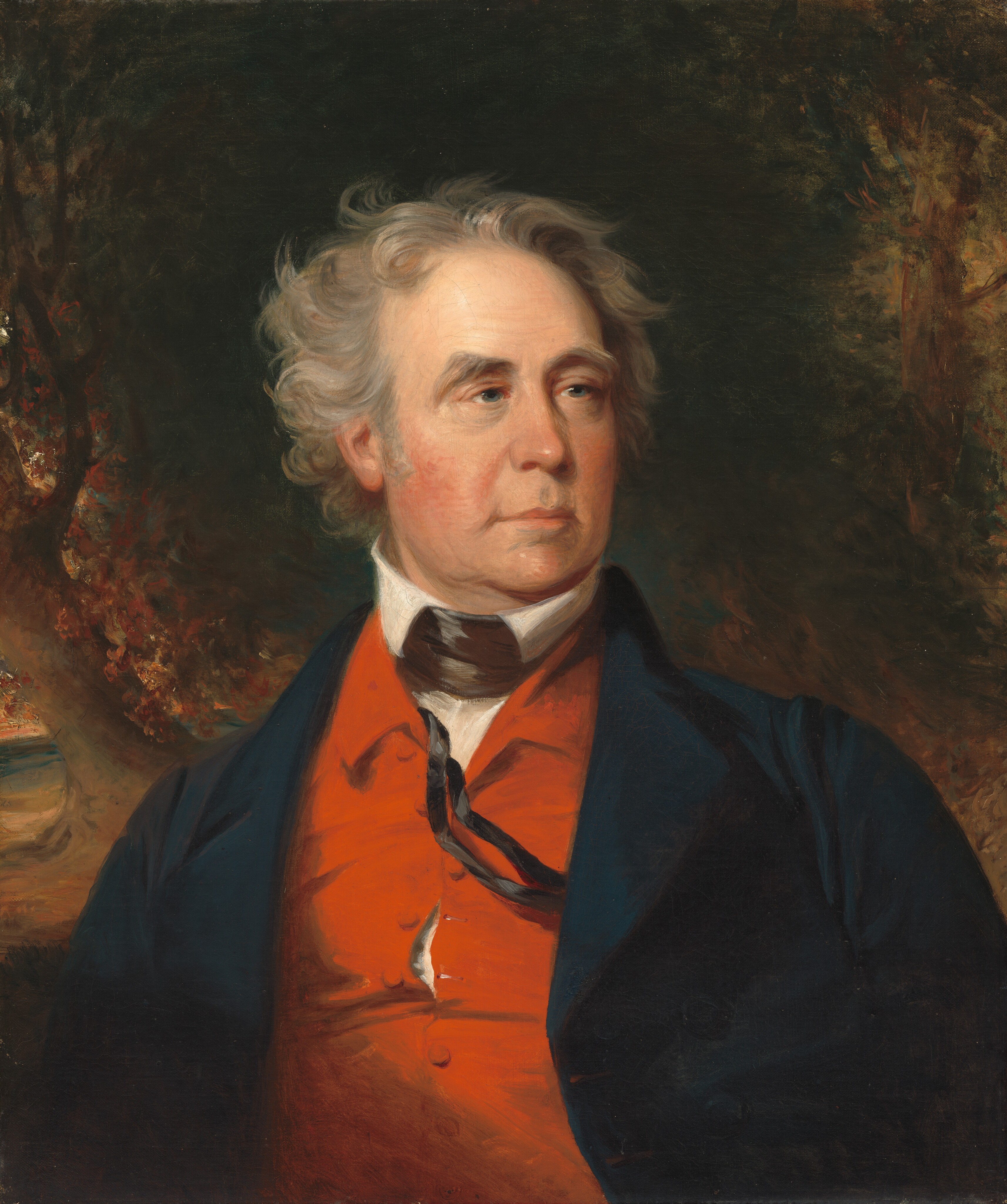 This painting is a portrait of a man shown from the mid-torso up. His head is turned slightly to the right, looking away from us. The man has pale skin, ruddy cheeks, thick gray eyebrows, deep-set eyes, and thin lips. He has short, gray swept back in slight curls. He wears a vibrant red vest under a dark blue jacket, a white shirt underneath with a high collar, and a loosely tied black necktie. The background is dark and muted, with hints of dark green foliage and brown tree trunks, with hints of red and yellow ochre.