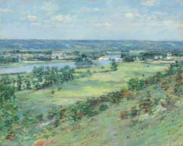 From atop a high hill, we look across a broad valley leading to a winding river in this loosely painted horizontal landscape. The scene is created entirely with visible brushstrokes in fresh and vibrant green and shimmering and smoky blues. The hill slopes from the right edge of the painting down to the valley, which extends into the distance, angling slightly to our right alongside the river. Darker green trees are along both sides of the river, and a few buildings line the far bank. The land beyond rises to sapphire-blue hills along the horizon, which comes about two-thirds of the way up the composition. A few white clouds dot the robin’s egg-blue sky above.