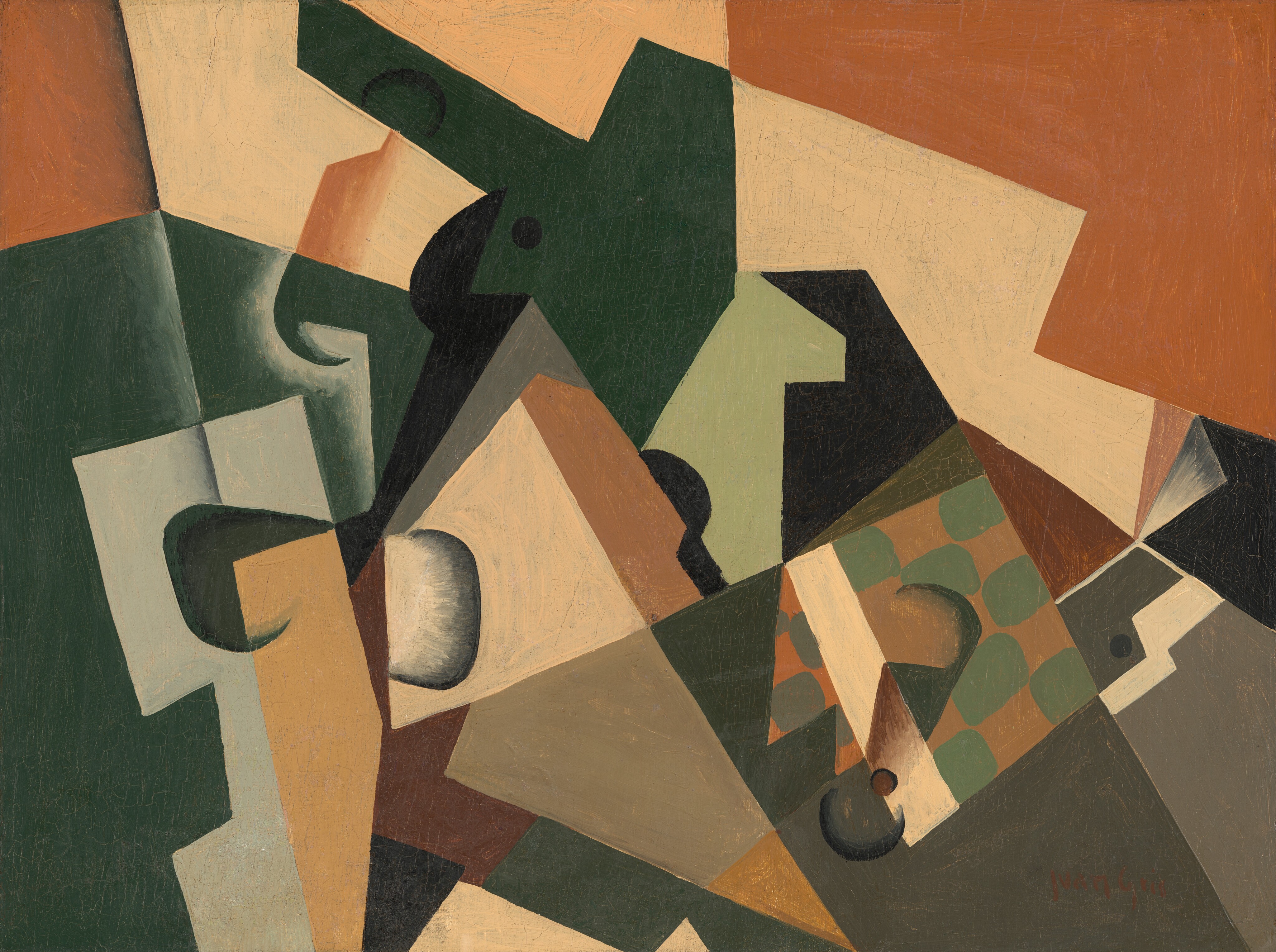 Irregular, geometric shapes in burnt orange, pale peach, light blue, forest and mint green, brown, taupe, gray, and black are layered and spread across this horizontal, abstract painting. They are mostly flat planes of color. One shape to our right of center has four rows of rounded rectangles to create a checkboard pattern of sage green against terracotta brown. A wide parchment-brown band divides the checkboard from top to bottom. The artist signed the lower right, “Juan Gris.”