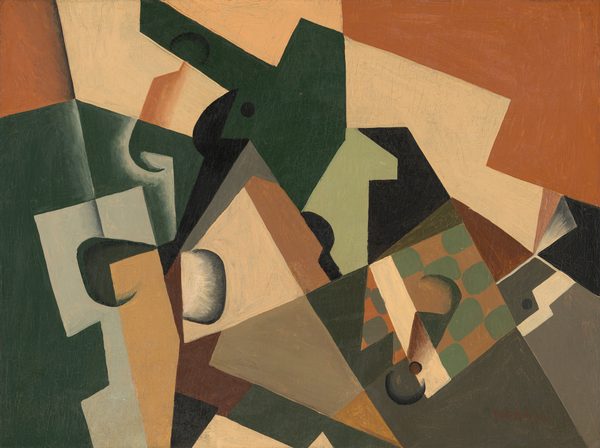 Irregular, geometric shapes in burnt orange, pale peach, light blue, forest and mint green, brown, taupe, gray, and black are layered and spread across this horizontal, abstract painting. They are mostly flat planes of color. One shape to our right of center has four rows of rounded rectangles to create a checkboard pattern of sage green against terracotta brown. A wide parchment-brown band divides the checkboard from top to bottom. The artist signed the lower right, “Juan Gris.”