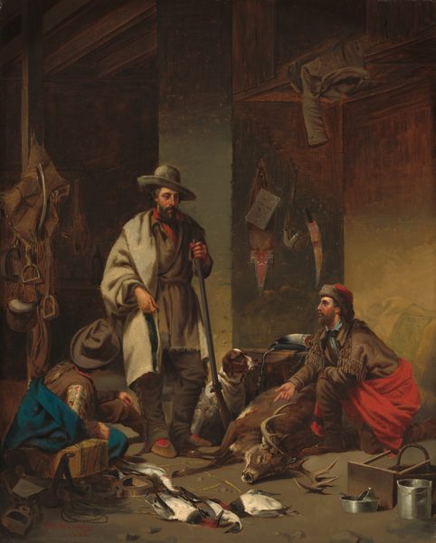 In this painting, three men are depicted in a rustic interior space. A man on the far left faces away from us, sitting on the ground and leaning against a wooden block or stool. He wears a gray hat and a brown vest, and a vivid blue blanket is wrapped around him. He is looking up at a man standing upright near the center of the painting. This man is holding a rifle, the bottom of which rests against the ground. This man has light skin with red cheeks, a long, straight nose, and a dark mustache and beard. His dark hair is hidden by a gray hat, and he wears a light gray coat over a darker gray tunic, with a bright red shirt poking out around his neck. He wears black pants with brown slippers and bright red socks. A white-and-brown dog sits next to his feet. The man on the right is kneeling, and gesturing towards a deer with sizable antlers that lays on the ground. This man has light skin, red cheeks, a light brown beard and mustache, and he looks up at the men across from him. He wears a brown jacket with tassels over a light blue shirt and has a bright red cloth wrapped around his waist over brown pants, as well as a red hat with a brown fur border. The room's walls are painted in shades of dark gray, brown, and yellow ochre, and various tools and leather saddles hang on them. The floor in front of the men is scattered with hunting-related items, such as metal tools and the bodies of small birds.