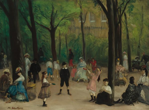 This is a painting of a park filled with tall trees and people in colorful clothes. Some people are seated on chairs, while others are walking or standing on the tan ground. There are adults and children, and some of the people have pale skin while others have darker skin. In the center, a boy with light skin looks out at us, his hands in his pockets. He wears a black bowler hat, a black shirt with a white collar, and black shorts. In front of him, two young girls with lights skin play a game with paddles. Behind the boy, a woman in a blue dress sits on a bench with three children around her. More adults sit on chairs at the edges of the scene and watch the children playing. The trees and foliage provide a vibrant green backdrop, and a yellow building is visible though the branches. The brushstrokes in the painting are thick and visible, especially those in the trees.