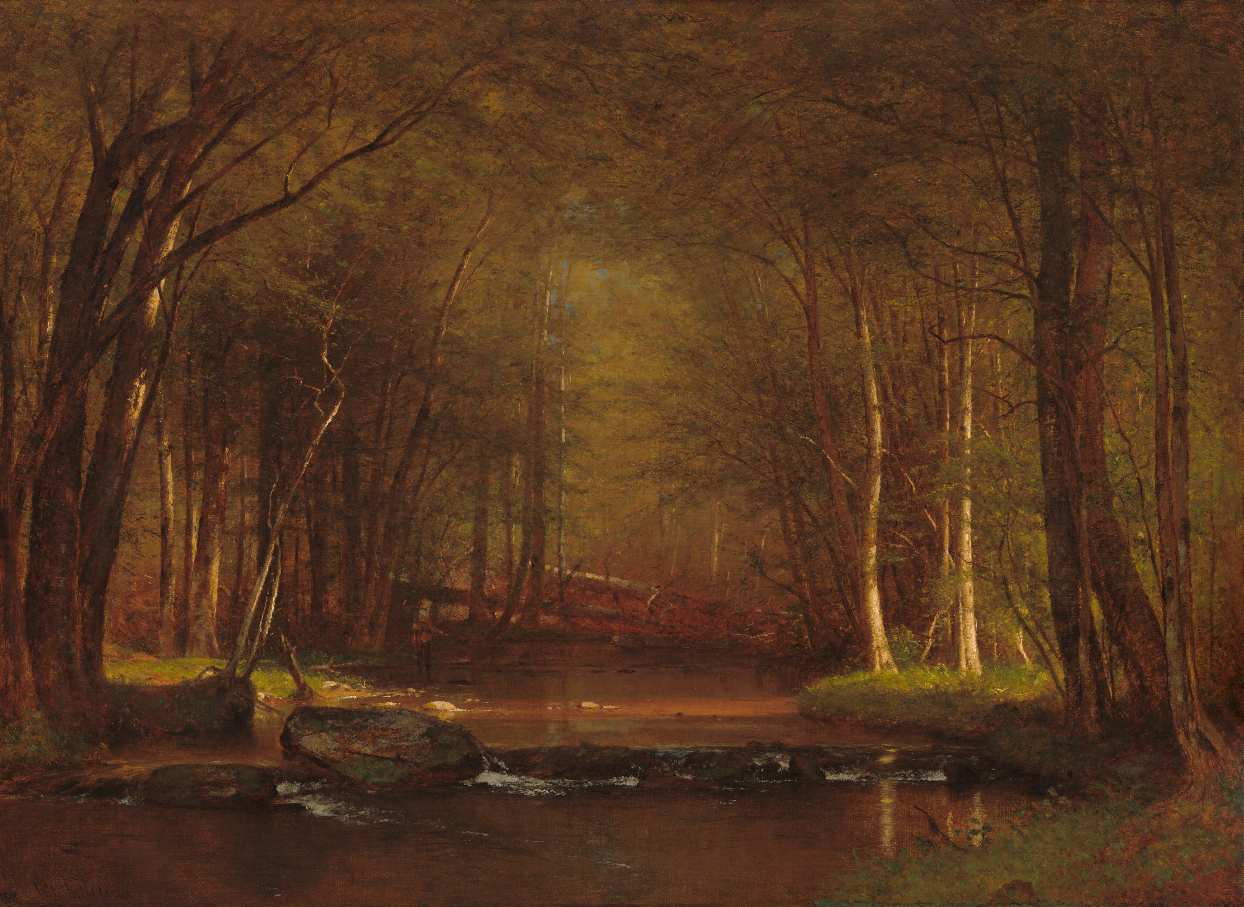 This painting shows a serene forest setting with a wide, shallow stream flowing gently towards us. The scene is enclosed by tall trees on either side. The trees have thick brown and green leaves forming a canopy that filters light coming from above into a warm golden glow. The color palette consists of deep greens, browns, and golden yellows, with small patches of light green where the sunlight hits the grass. In the distance, the forest recedes into a soft, brown haze.