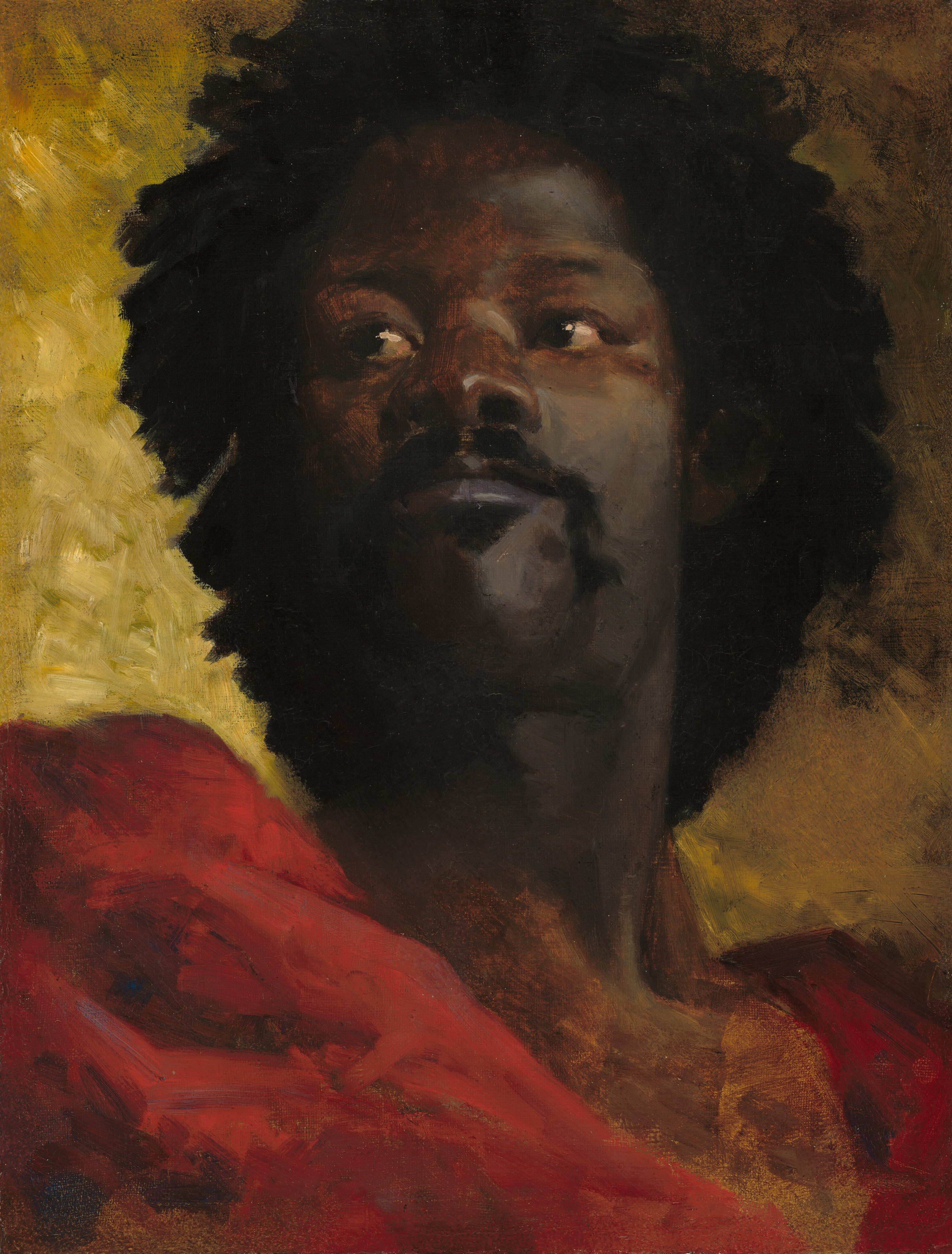 Shown from the shoulders up and from a low vantage point, a man with dark brown skin and black hair looks up and to our left in this vertical portrait painting. His shoulders are angled to our right, but he turns his head to look off with dark eyes. His lower lip comes slightly forward from the upper, and his mustache continues in lines from the corners of his mouth down to his square jawline. His hair creates a halo around his face, and a crimson-red cloth wraps across his shoulders. He is lit from our upper right, and the background brightens from golden yellow along the right edge of the canvas to vivid, shimmering yellow to the left. The portrait is loosely painted, especially in the clothing and the background.
