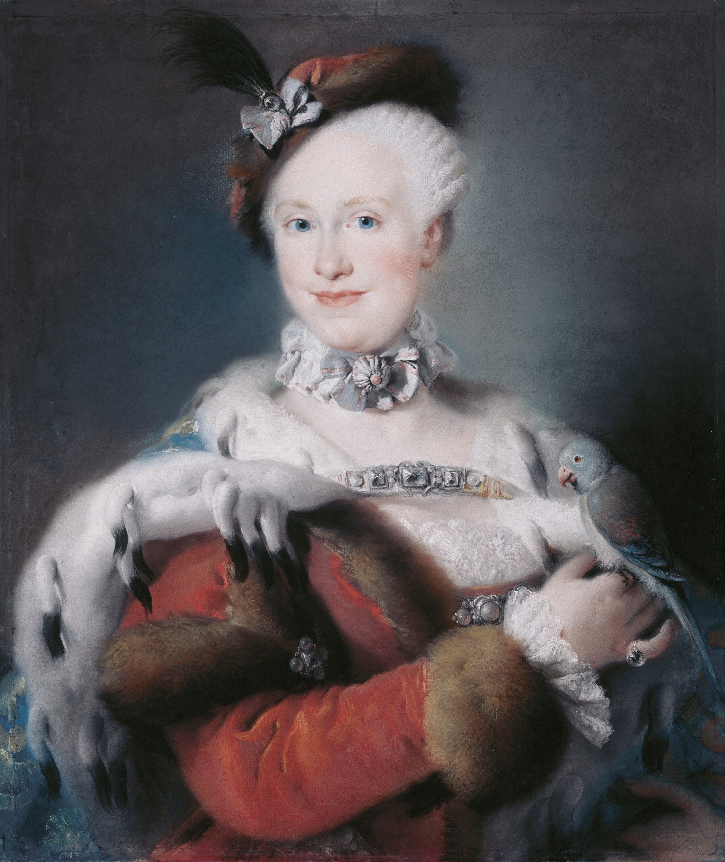 Portrait of Maria Luisa of Spain in Polish costume with a parrot. by Lorenzo Baldissera Tiepolo