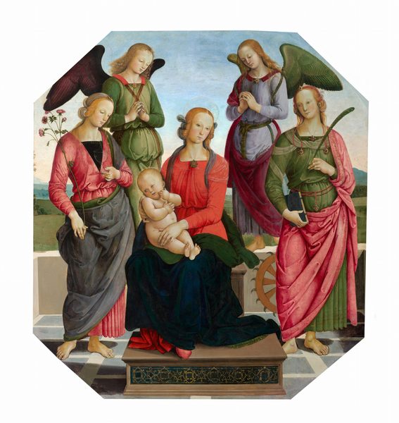 This painting shows a group of people. In the center is a seated woman holding a baby. The woman has pale skin and blonde hair wrapped with a sheer blue cloth, and she wears a red garment with a draped green-and-blue fabric over her lap. The child sits on her lap, looking off to the left. Surrounding them are four standing people, two of whom are standing on a low white wall behind the woman. These two people have large wings, and their hands clasped in front of their chests. The other two are on either side of the woman, one holding a long pink flower and a clear glass, and the other holding a blue book and a long green feather or quill. These four people also have pale skin and blond hair. In the distance there are green fields and blue mountains under a blue sky. The painting is an octagon, with longer sides on the left and right.