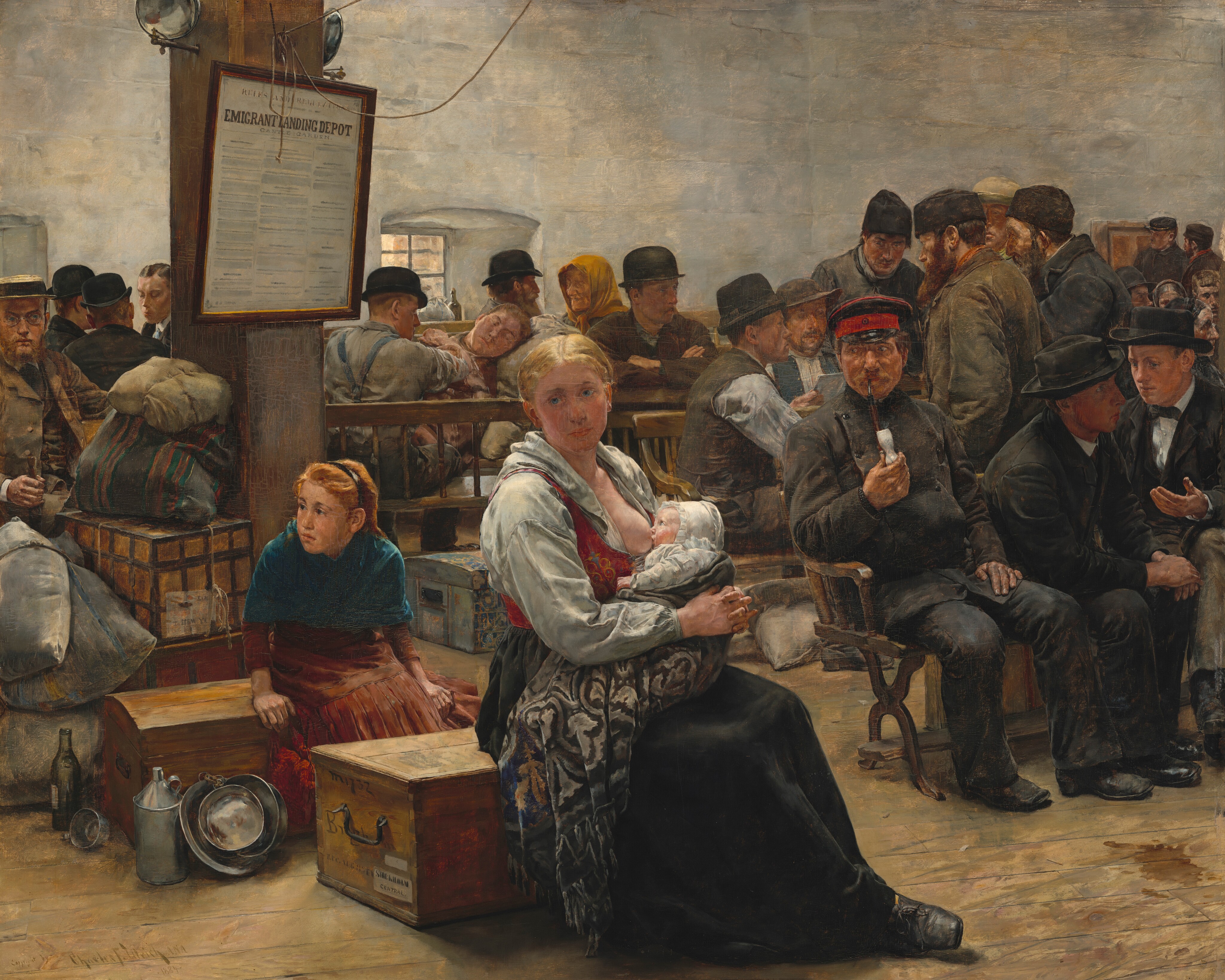 About two dozen men, women, children, and a baby sit in rows of wooden benches or on traveling trunks in this horizontal painting. Their skin is mostly pale with some ranging more toward pink and others toward tan. A woman nursing a baby sits in the center of the composition. Her blond hair is pulled back, and she wears a white blouse under a red vest and a long black skirt. Her shirt is pulled down to expose one breast, and the feeding baby wears a white bonnet and clothing, and is wrapped in a gray-patterned blanket. The woman sits on a wooden trunk in front of a young girl, who sits on a second chest just behind her and to our left. This girl has strawberry blond hair held back under a black headband, and she wears a blue shawl over a brick-red dress. Three silver pans, a silver jug, a glass bottle, and tin cup sit next to her trunk. She leans forward and looks intently off to our left. A man with a red beard wears glasses, a brown suit, and a flat-topped straw hat sits farther back in the room on the far side of bulging sacks and more trunks. He looks into the distance off to our right. Three men wearing black suits and two wearing black bowler hats sit facing each other just over this man’s shoulder. In the right two-thirds of the painting, more men wear fedoras, bowler hats, or brimless caps. Their clothing ranges from vests over button-down shirts to suits and ties. Some wear overcoats, and some are bearded. One man wears a military-style hat, a double-breasted black coat, and smokes a pipe with a white bowl. He looks toward the nursing woman, as does a standing man farther in the room. The men sit alone or chat in groups of two or three, and one sleeps, propped up against a fabric bag. A few more women are among the group, including one older woman who wears a yellow scarf tied over her head to the left. A sign hanging on a column behind the nursing woman begins with the text, “Emigrant Landing Depot” over columns of fine print. The walls of the room are mottled fog and cream white, and one visible window is small within the thick wall. The floor is wooden planks and there is a brown stain near the lower right corner.