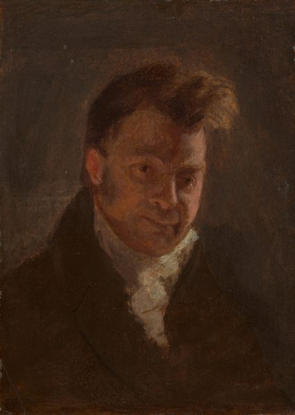 The image is a painting of the upper torso and head of a person. They are facing slightly to the right with their head turned towards the viewer in a three-quarter view. The person has a subtle, partial smile and dark, styled hair. They are wearing a dark coat with a white collar or scarf underneath. The background is dark and shadowy with no visible jewelry or objects.