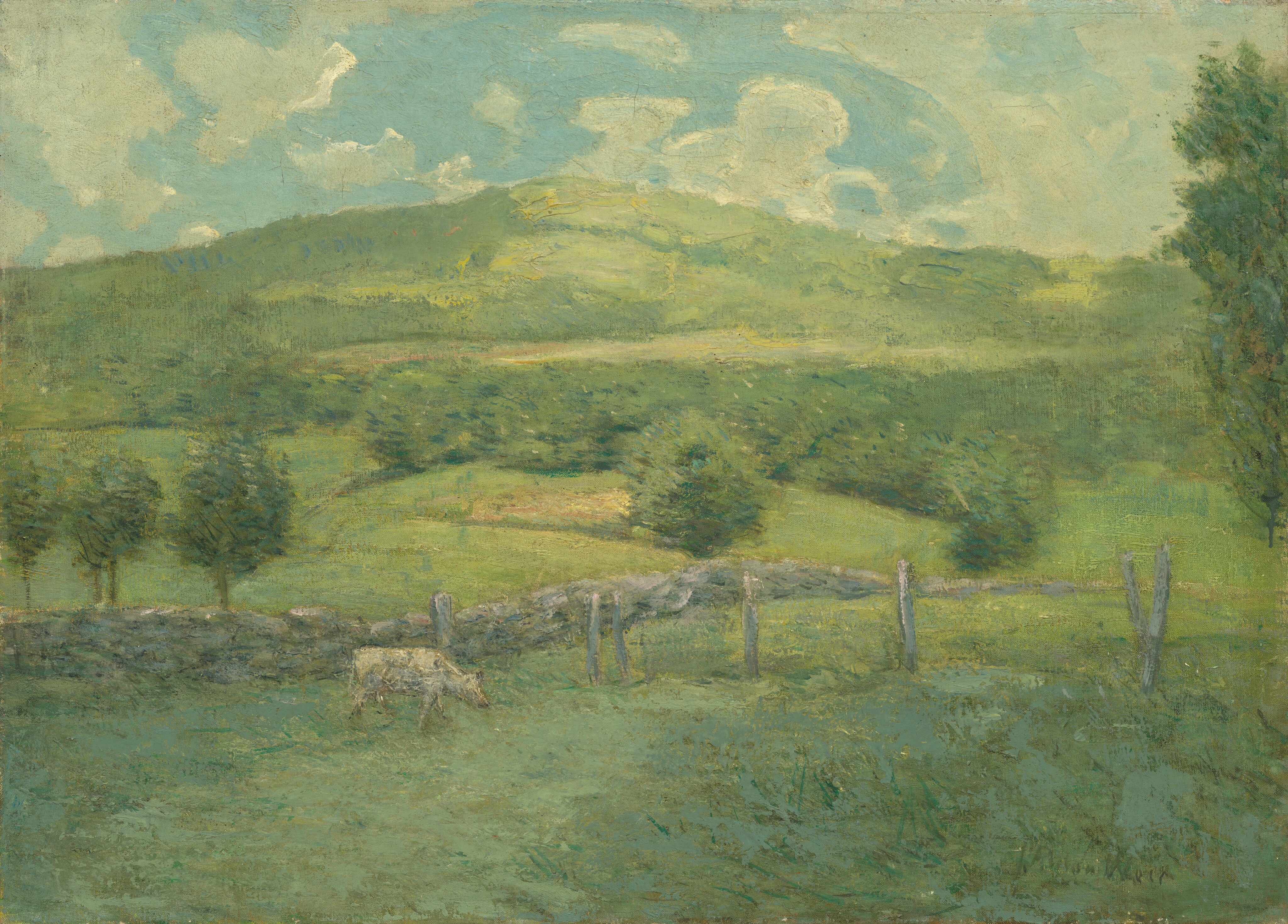 The painting shows a bright-green landscape with rolling hills in the distance. At the bottom of the painting, a white cow grazes in a green field framed by a wooden fence on the right and a diagonal stone wall on the left that continues off into the distance. Above the hills, the sky is light blue with several fluffy white clouds. The brushstrokes are loose and impressionistic.