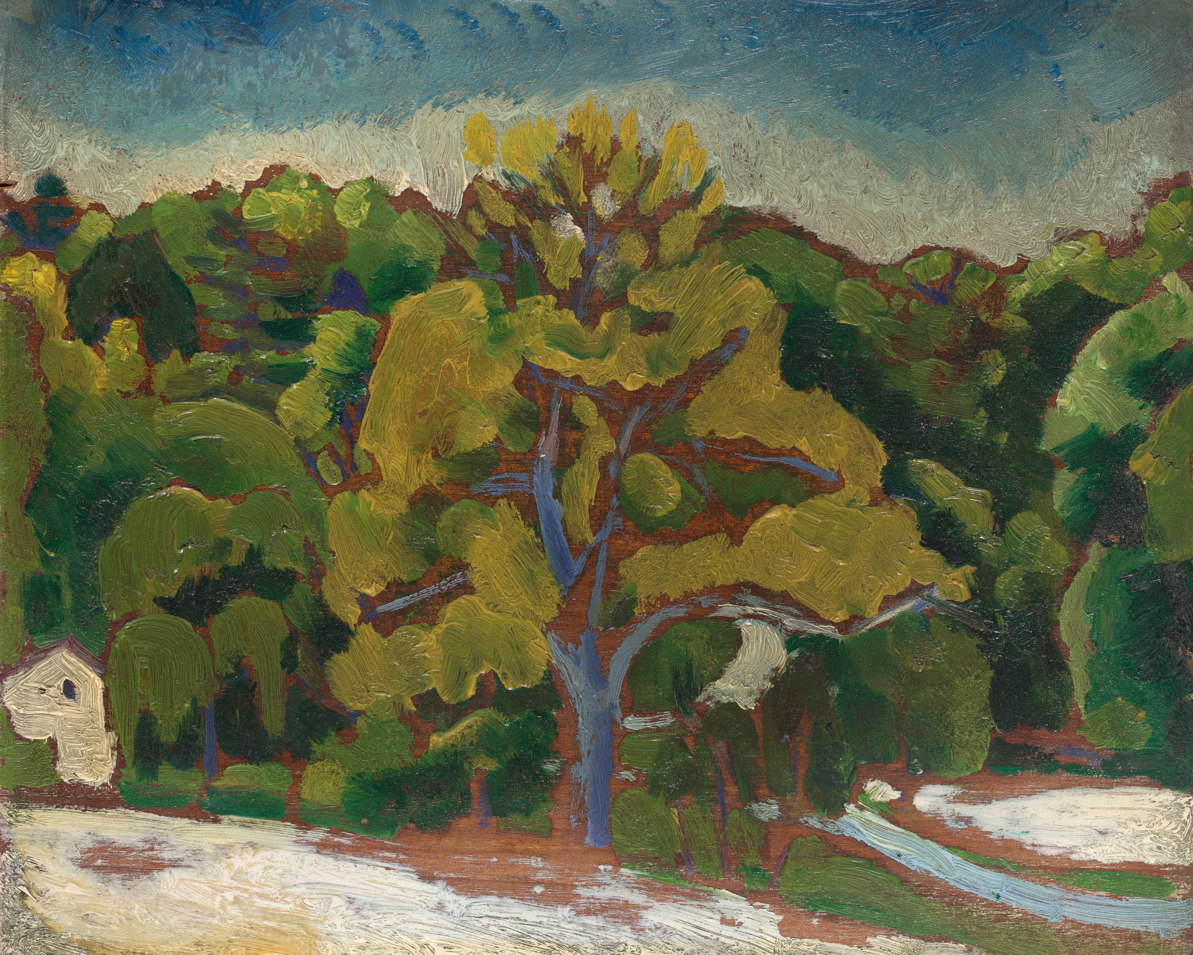 This painting depicts a landscape with a variety of trees set against a blue-grey sky. Different shades of green are used for the leaves of the trees, which are outlined in dark, reddish-brown. A tree in the center has blue-grey branches and dense, bright green foliage. A small white house is seen to the left. The ground is white with patches of reddish-brown and green-and-blue stripes by the bottom right corner. The brushstrokes in the painting are thick and visible.
