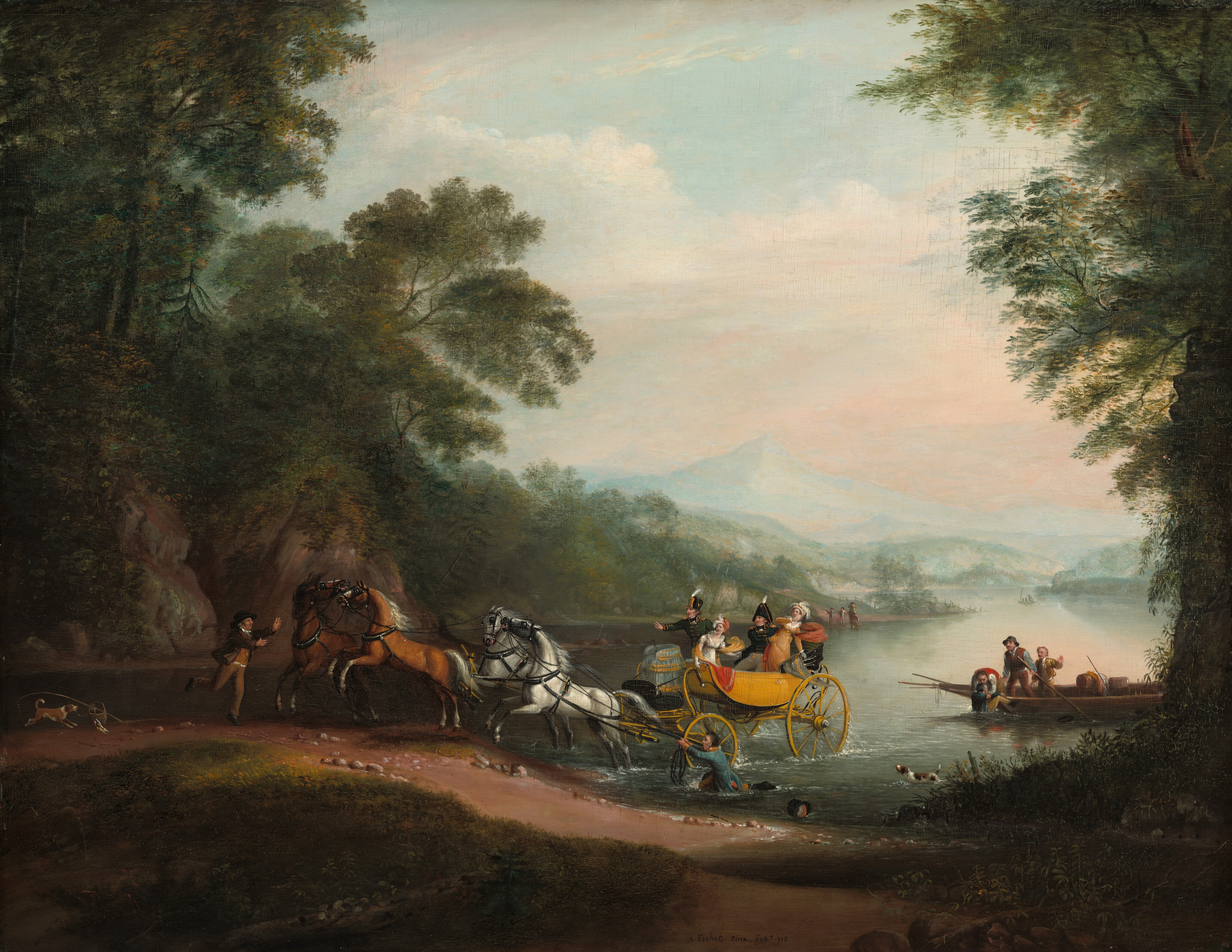 This painting depicts a river crossing.  In the center of the painting, a horse-drawn carriage is at the river's edge. The carriage itself is on the right, the wheels still partially submerged in the water, while on the left the four horses are climbing up into the bank. The horses appear to be in distress, rearing up onto their back legs and raising their heads into the air. A man on the shore is trying to calm them down, his hands raised upwards. Behind the man, on the left side of the painting, is an abandoned fishing rod and basket, and a small brown dog appears to chew one of the fishing lines. The people in the carriage - two women in dresses and feathered hats and two men in dark uniforms with gold details - look towards the horses with wide eyes and open, downturned mouths. At the base of the carriage, there is a man in a blue coat standing in the water, grasping the long reins of the horses. A black top hat floats near him on the shore. On the right, another dog stands in the water, facing the carriage. Behind it, men in a long wooden boat help a man who is submerged in the water, lifting him up towards the boat. In the distance, behind the carriage, three people can be seen on the opposite bank of the river, their hands raised. All of the people in the painting have light skin. The carriage is bright yellow against the blue-gray water, and the shore on the left is a strip of brown dirt with small gray pebbles that leads into dark green grass. On the left and right, the bank is lined with tall, dark green trees. The horizon shows green hills and a distant light-blue mountain range. The sky is pale blue with white clouds tinged with peach, and the water beneath it reflects these colors.