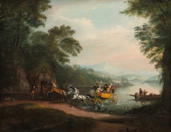 This painting depicts a river crossing.  In the center of the painting, a horse-drawn carriage is at the river's edge. The carriage itself is on the right, the wheels still partially submerged in the water, while on the left the four horses are climbing up into the bank. The horses appear to be in distress, rearing up onto their back legs and raising their heads into the air. A man on the shore is trying to calm them down, his hands raised upwards. Behind the man, on the left side of the painting, is an abandoned fishing rod and basket, and a small brown dog appears to chew one of the fishing lines. The people in the carriage - two women in dresses and feathered hats and two men in dark uniforms with gold details - look towards the horses with wide eyes and open, downturned mouths. At the base of the carriage, there is a man in a blue coat standing in the water, grasping the long reins of the horses. A black top hat floats near him on the shore. On the right, another dog stands in the water, facing the carriage. Behind it, men in a long wooden boat help a man who is submerged in the water, lifting him up towards the boat. In the distance, behind the carriage, three people can be seen on the opposite bank of the river, their hands raised. All of the people in the painting have light skin. The carriage is bright yellow against the blue-gray water, and the shore on the left is a strip of brown dirt with small gray pebbles that leads into dark green grass. On the left and right, the bank is lined with tall, dark green trees. The horizon shows green hills and a distant light-blue mountain range. The sky is pale blue with white clouds tinged with peach, and the water beneath it reflects these colors.