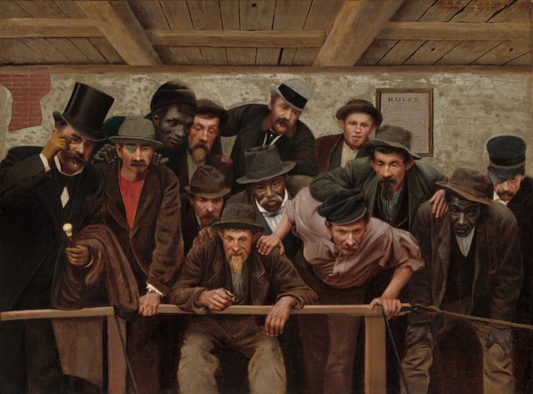 This painting shows a group of men gathered closely together, leaning over a wooden railing with their hands resting on it. The men are dressed in various attire including top hats, bowler hats, and flat caps, with a range of semi-formal to casual clothing such as black suits, brown coats, and plain shirts. They are a diverse group, with skin tones ranging from pale to dark brown, some with mustaches or beards and other bare faced. They all appear to be focused intently on something that is just below us, some with slight smiles, others with wide eyes and raised brows. The background includes a wooden beam ceiling and a partially peeling plaster wall with a framed document labeled "RULES" partially visible near the upper right. On the upper left, the graying plaster appears to have cracked off, revealing red brick.