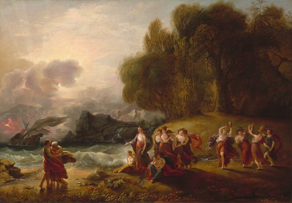 This painting depicts a coastal scene with a large group of people with light skin dressed in draping fabric in shades of red, yellow, blue, and purple. In the bottom left corner, two men, one old and one young, stand in front of a dark, stormy sea, upon which a large ship is tilting dramatically to one side near large, rocky cliffs. The sky above the ship is full of dark clouds, with streaks of bright yellow surrounded by magenta breaking through the gray. The men face the right, and the young man has his hand outstretched towards a group of women in a grassy meadow dotted with small flowers. One woman at the front of the group faces the men, her arm outstretched towards them. Three women sit at her feet, and a group of five women cluster behind her, hugging one another tightly. On the right, four more women dance in a group, their arms upraised and knees bent. Behind the meadow are tall, olive-green trees.