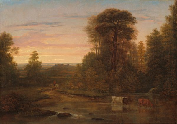 Three cows drink in a placid body of water in front of a landscape dim with golden sunset light in this horizontal painting. The water creates white eddies around a few rocks as it travels from the lower left corner of the canvas, across the foreground, and off to the right. In the bottom right quadrant of the composition, one cow is white, and another dark brown. The third, tawny brown cow flicks her tail as she dips her head to the water. Tall groves of trees on the far side of the water fill most of the right half of the composition. To the left, a path curves from the waterside back into a grassy, tree-pocked landscape with buildings on one low hill and a very distant horizon, which comes halfway up this composition. A person wearing a red vest over a white long-sleeved shirt, dark blue, knee-length pants, and a brown, brimmed hat rides a white horse coming toward us on the path. A short-hair, pale gray dog runs ahead of the horse, toward the cows. From below the horizon, the sunlight sets the grassy fields to golden tan, and the sky above fades from buttery yellow along the horizon to pale blue along the top of the composition. Lines of clouds are lit mauve pink and shaded ultramarine blue.