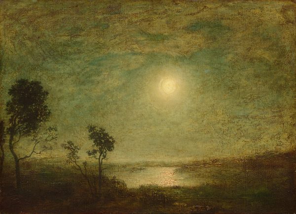 This painting shows a slightly elevated viewpoint looking out across a green landscape towards a reflective body of water. In the green sky, the pale-yellow moon glows brightly, illuminating the scene. At the top of the painting, greenish-yellow clouds with thin brown edges float across the sky. The moonlight reflects off the water, creating a bright pathway at the bottom of the painting. There are the dark silhouettes of trees on the left side, and in the distance the flat green landscape fades into the glowing atmosphere. The colors include muted greens, browns, and golds.