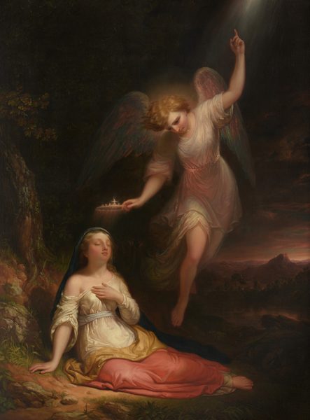 This is a painting depicting an angel crowning a seated woman in a dark landscape. The angel has white wings with hints of pink and green, pale skin, and short, golden hair. They are draped in a flowing white robe, and have one hand extended upward and the other placing a golden crown on the woman's head. The woman sits below the angel, near the bottom left corner of the painting. Her eyes are closed, and she has one hand placed on her chest. She also has pale skin and golden hair, and she wears a draping white garment that hangs loosely off of her shoulders and is tied at the waist with what looks like white rope. Over her legs there appears to be a blanket in shades of coral pink and golden yellow. The background is dark, but seems to be a rocky terrain with sparse green grass and trees, under a dark sky with dramatic purple clouds and a hint of pink light emerging behind some rocky mountains on the right. The angel and woman are brightly illuminated against the dark background.