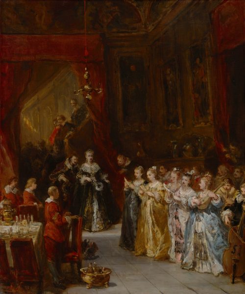 This is a painting of an interior scene featuring a group of finely dressed individuals in a lavish room. The room is adorned with red drapery, wooden paneling, and a tiled floor. There is a table set with glassware and a golden bowl. In the background, elegantly dressed figures, likely women in elaborate gowns, are seen standing and appearing to partake in a musical or theatrical performance, with musical instruments visible among them. The lighting is soft and warm, casting a gentle glow over the scene and emphasizing the textures and details of their clothing. This painting is in the style of Jean-Antoine Watteau.