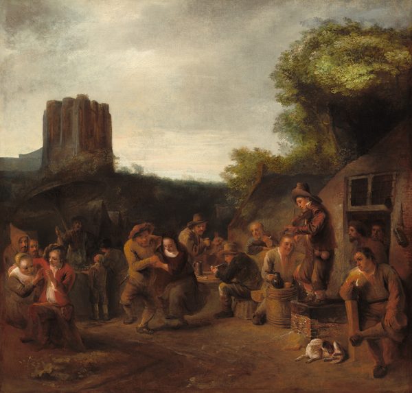 This is a painting of an outdoor scene with numerous people engaged in various activities; some are sitting by low tables, some are dancing, and some are conversing. One person on the right stands on a surface and plays a stringed instrument like a fiddle or violin. The people wear clothes in earth shades of brown, tan, black, and dark red. The background includes a rustic building with a thatched roof, leafy green trees, and what may be a tall castle or church on the left. The cloudy sky above is in shades of gray.